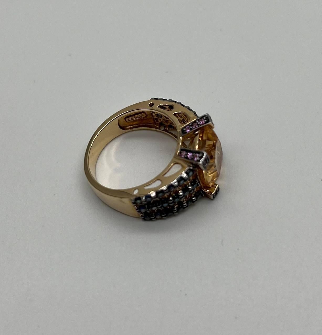 Citrine Pink Sapphire Black Diamond 14K Yellow Gold Statement Cocktail Ring For Sale 5