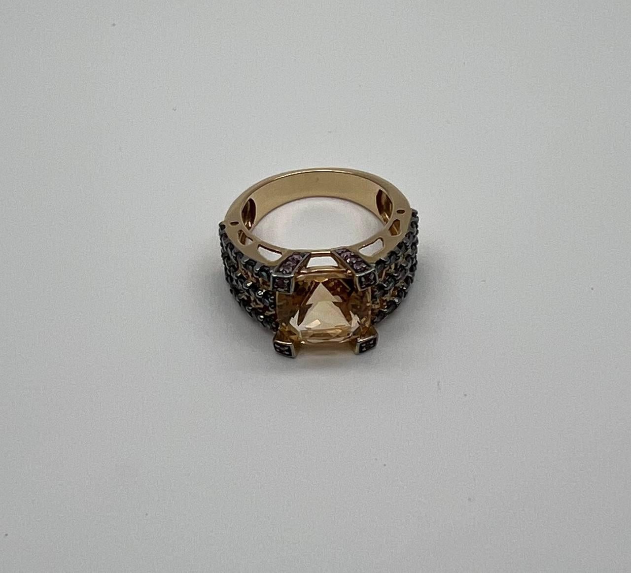 Citrine Pink Sapphire Black Diamond 14K Yellow Gold Statement Cocktail Ring For Sale 6