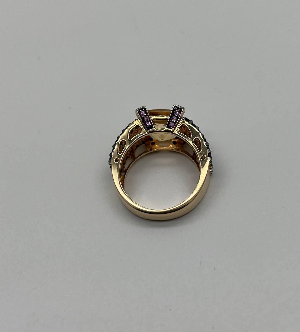 Citrine Pink Sapphire Black Diamond 14K Yellow Gold Statement Cocktail Ring For Sale 7