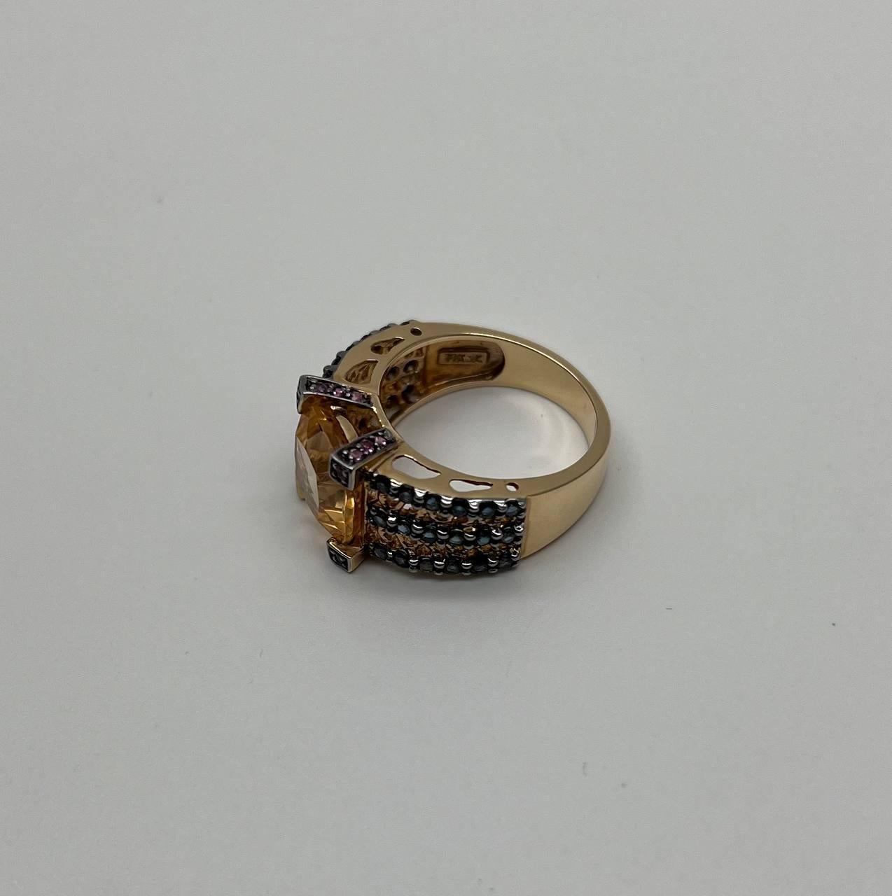 Citrine Pink Sapphire Black Diamond 14K Yellow Gold Statement Cocktail Ring For Sale 8