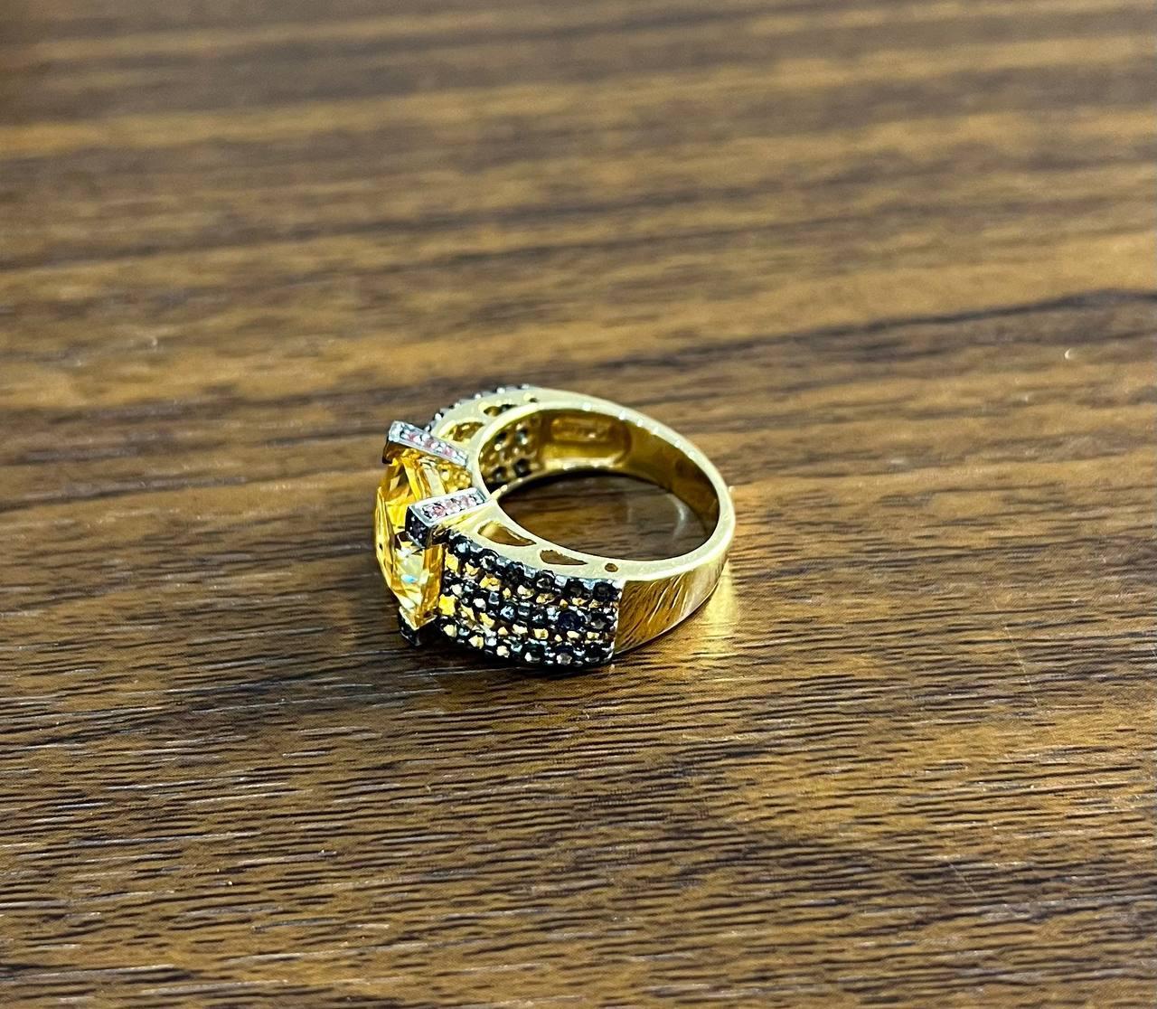Mixed Cut Citrine Pink Sapphire Black Diamond 14K Yellow Gold Statement Cocktail Ring For Sale