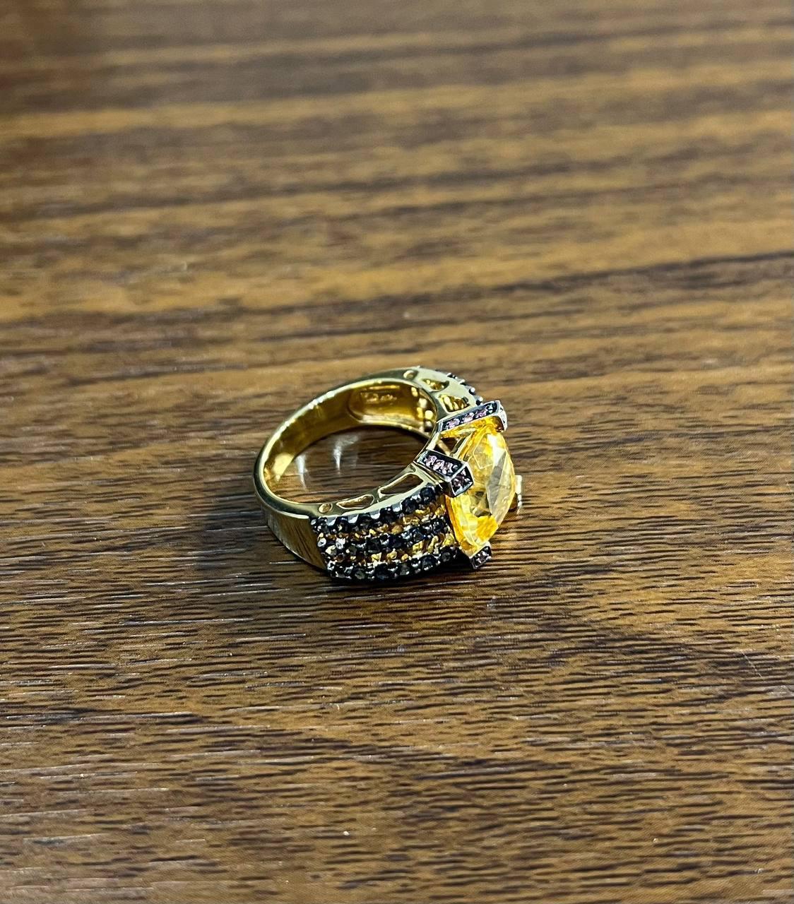 Citrine Pink Sapphire Black Diamond 14K Yellow Gold Statement Cocktail Ring In New Condition For Sale In Oakton, VA