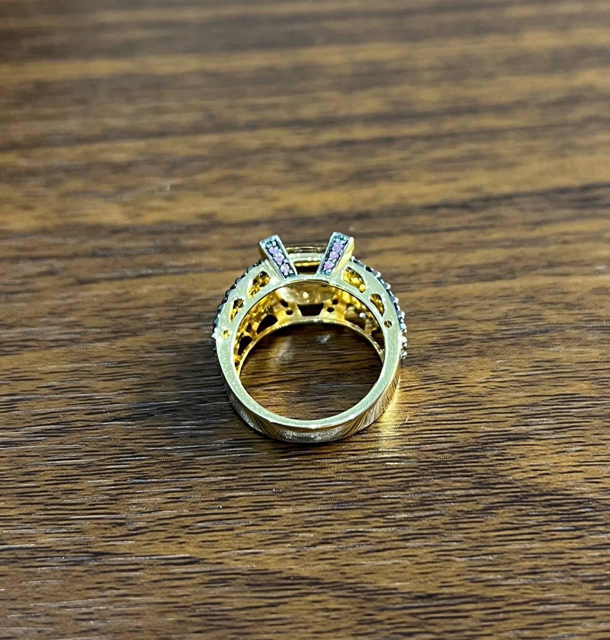 Women's Citrine Pink Sapphire Black Diamond 14K Yellow Gold Statement Cocktail Ring For Sale