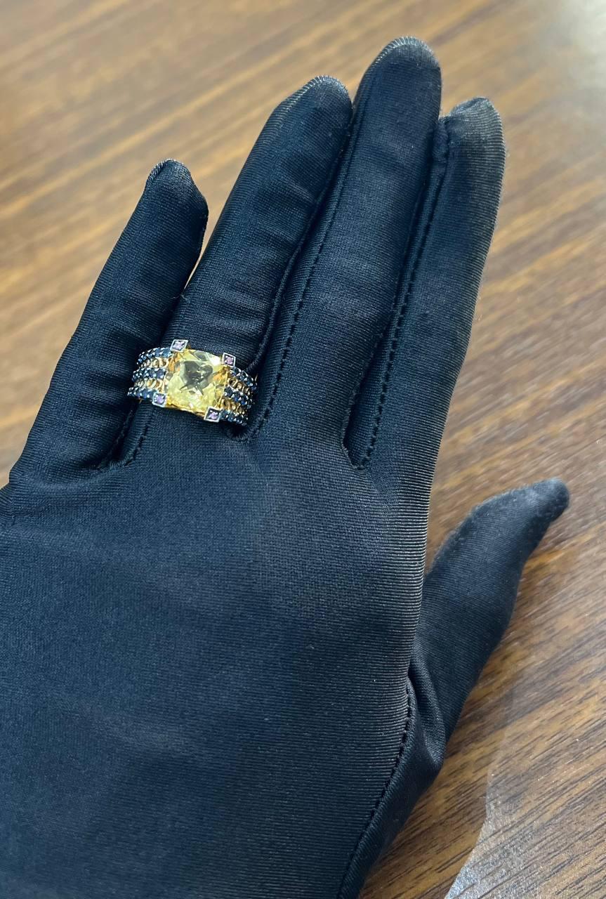 Citrine Pink Sapphire Black Diamond 14K Yellow Gold Statement Cocktail Ring For Sale 1