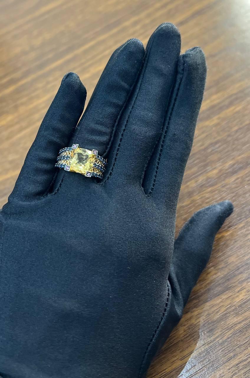 Citrine Pink Sapphire Black Diamond 14K Yellow Gold Statement Cocktail Ring For Sale 2