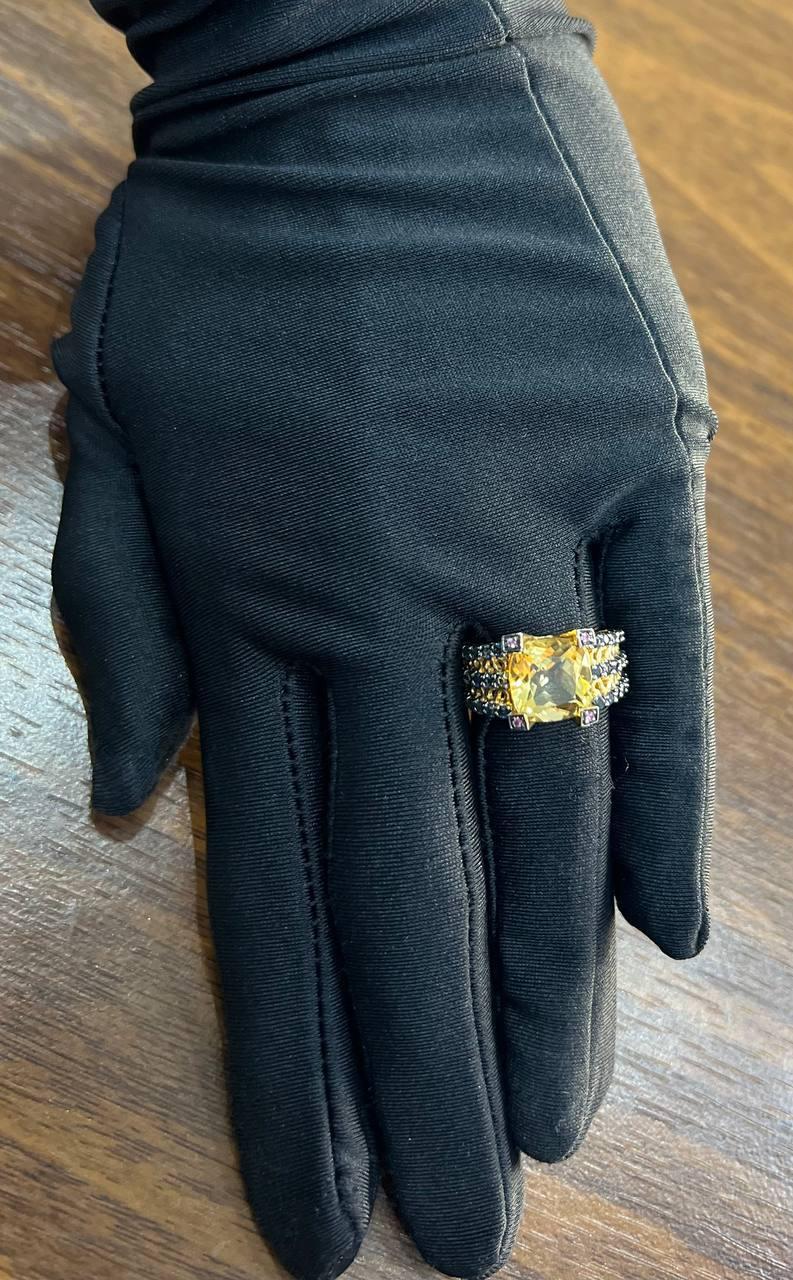 Citrine Pink Sapphire Black Diamond 14K Yellow Gold Statement Cocktail Ring For Sale 3
