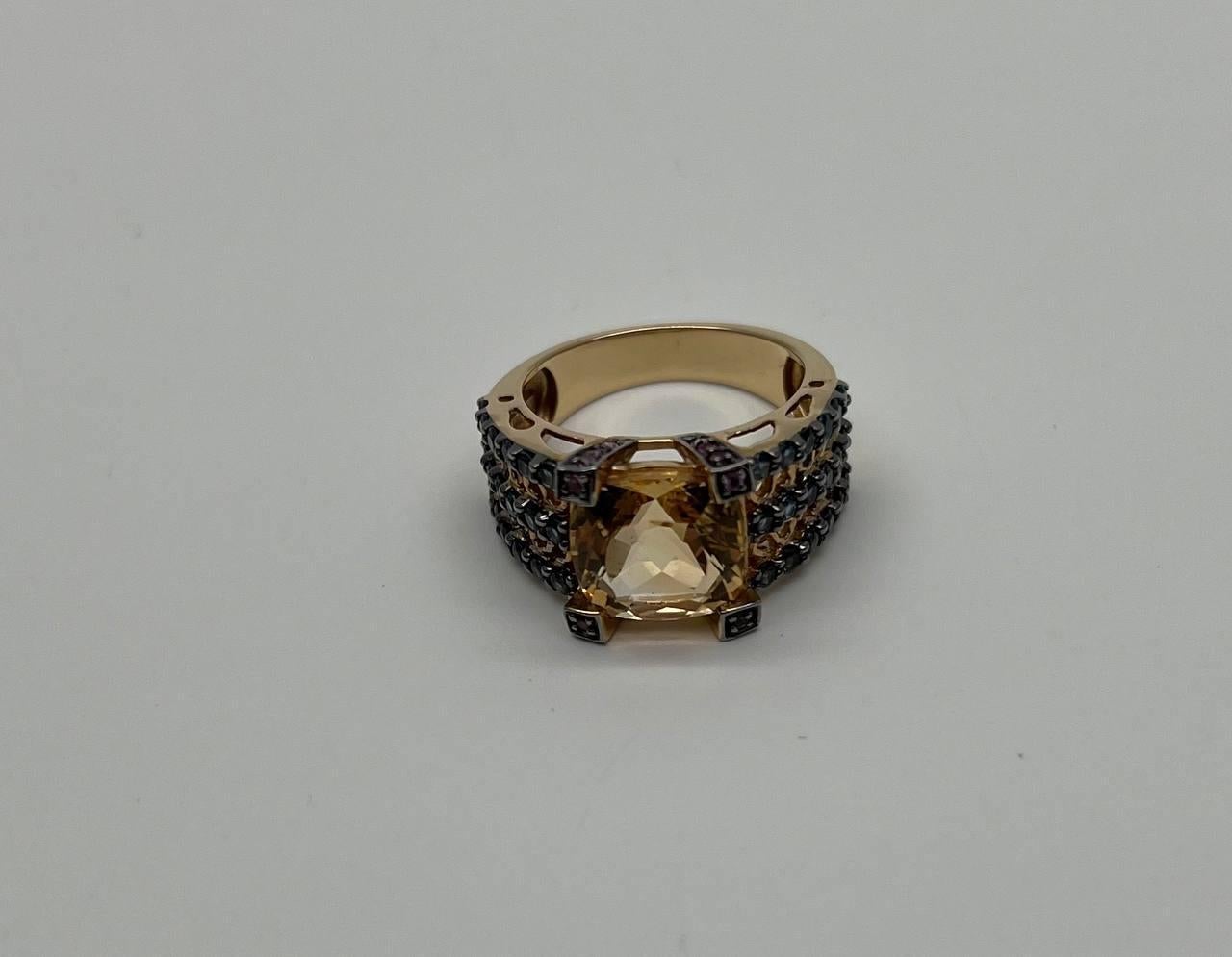 Citrine Pink Sapphire Black Diamond 14K Yellow Gold Statement Cocktail Ring For Sale 4