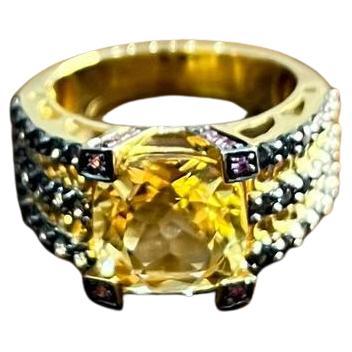 Citrine Pink Sapphire Black Diamond 14K Yellow Gold Statement Cocktail Ring For Sale