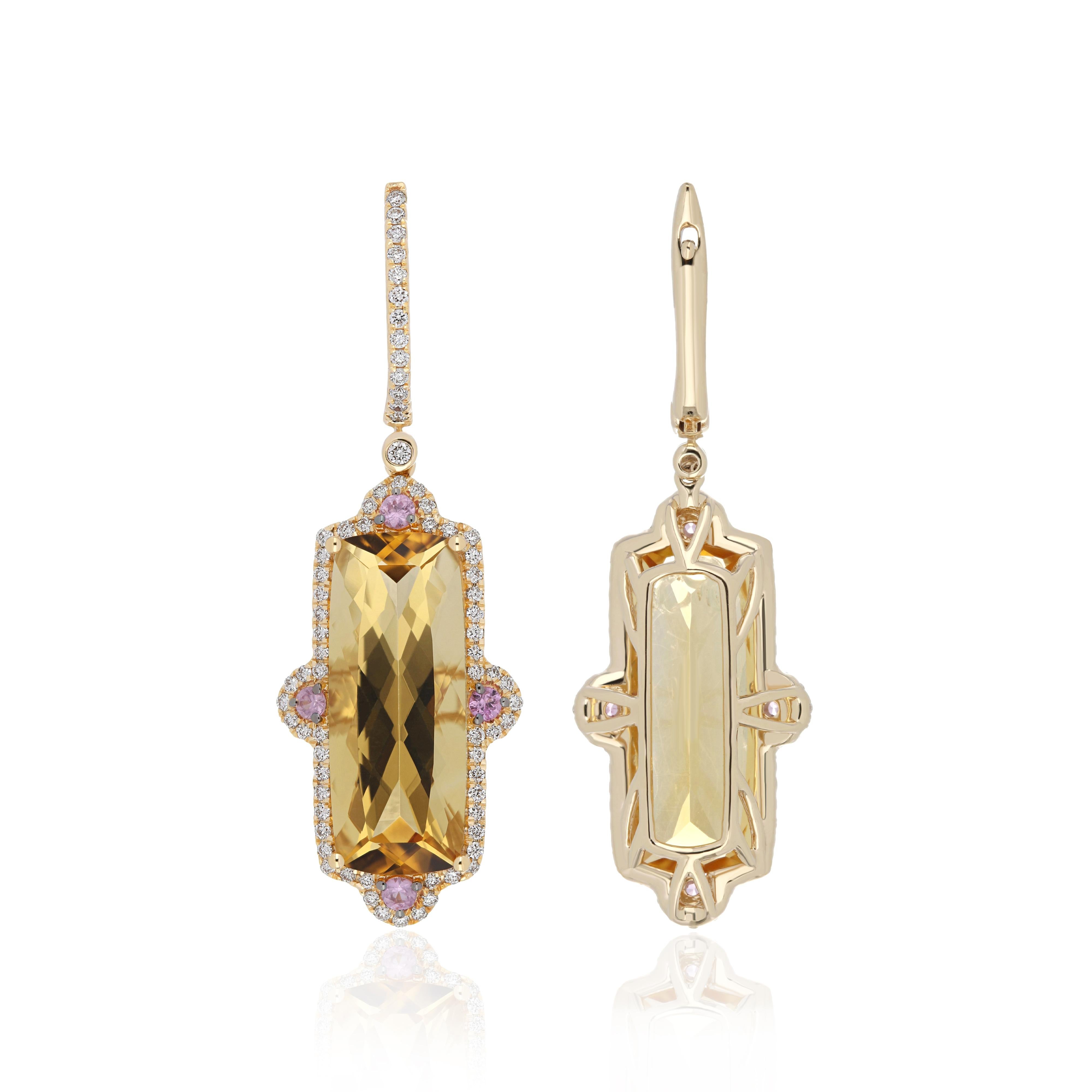A beautiful hand crafted set of Pendant and Earrings in 14K yellow gold, Studded with Citrine, Pink Sapphire and Diamonds.

Earring Details: 
 Primary Stone: - Citrine
 Primary Stone Size: -20 x 8 MM                            
 Primary Stone