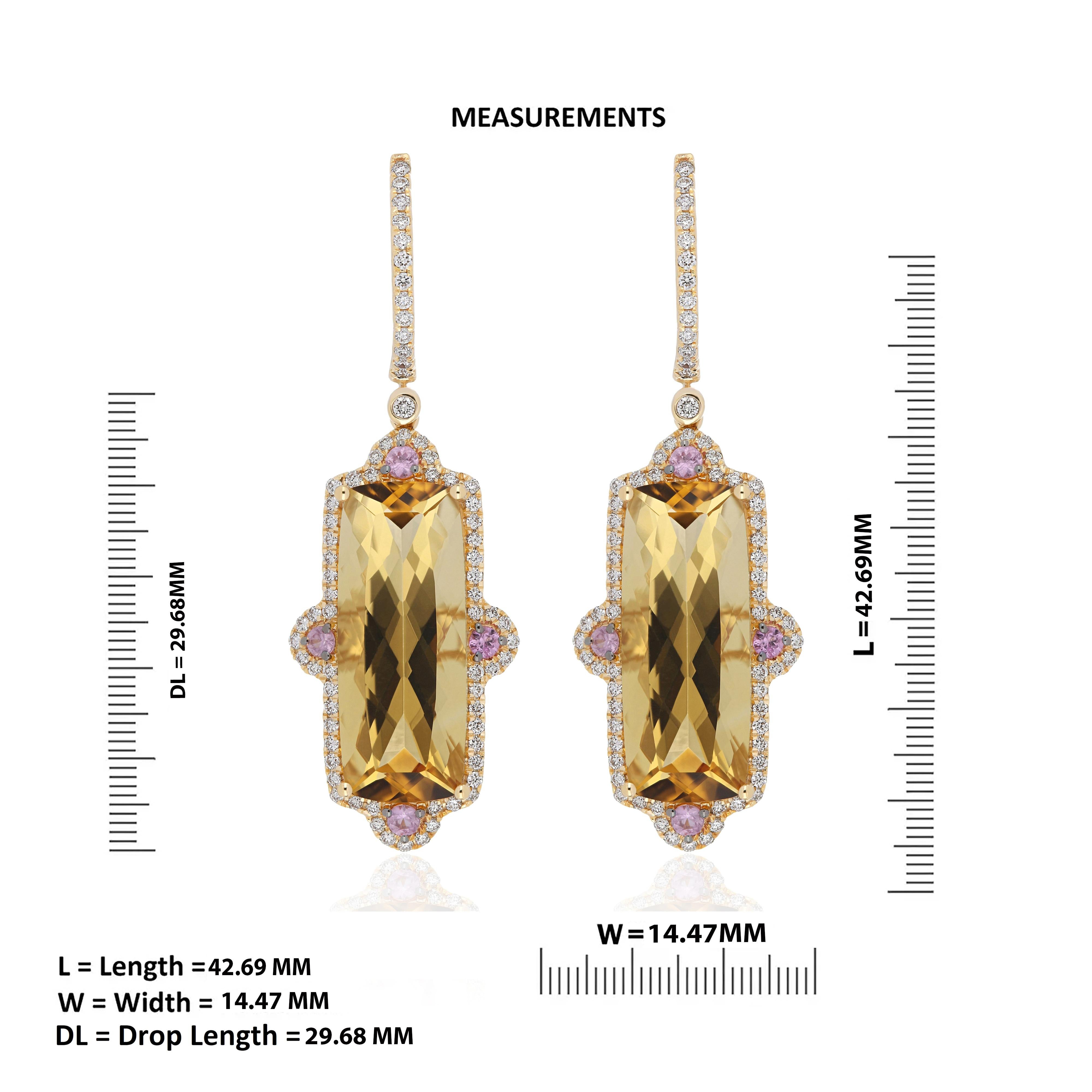 Mixed Cut Citrine, Pink Sapphire & Diamond Pendant & Matching Earring Set 14k Yellow Gold For Sale
