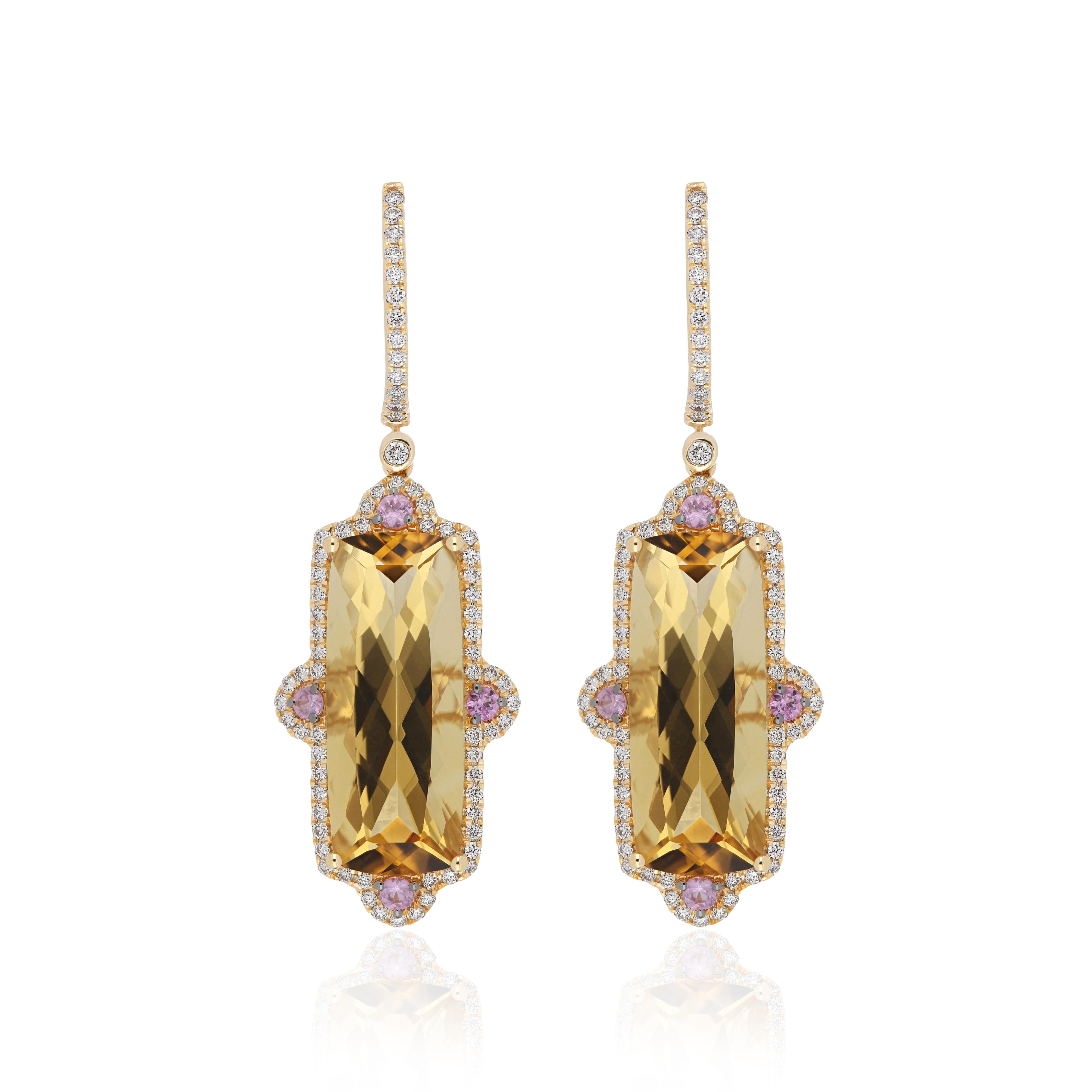 Women's Citrine, Pink Sapphire & Diamond Pendant & Matching Earring Set 14k Yellow Gold For Sale