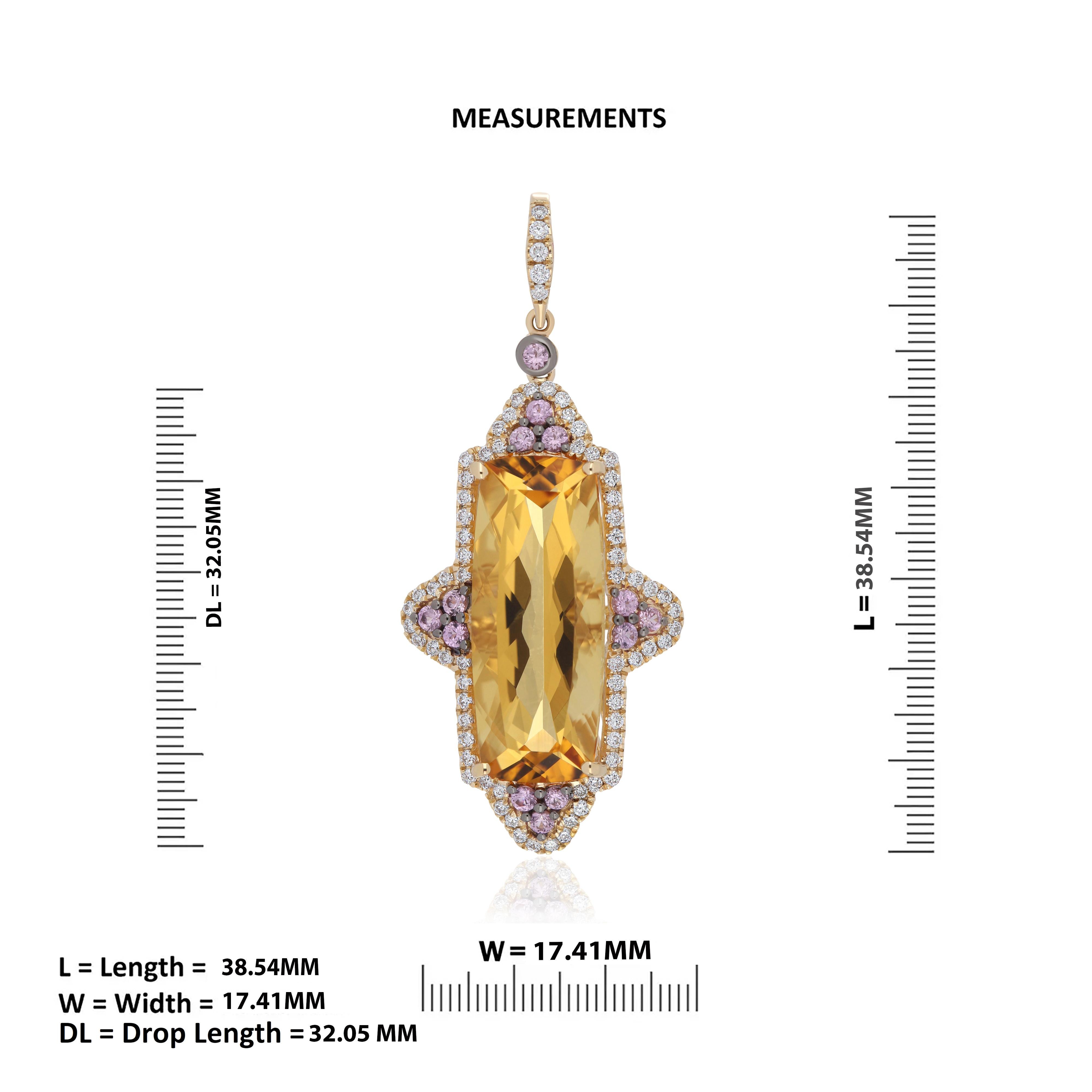 Citrine, Pink Sapphire & Diamond Pendant & Matching Earring Set 14k Yellow Gold For Sale 3