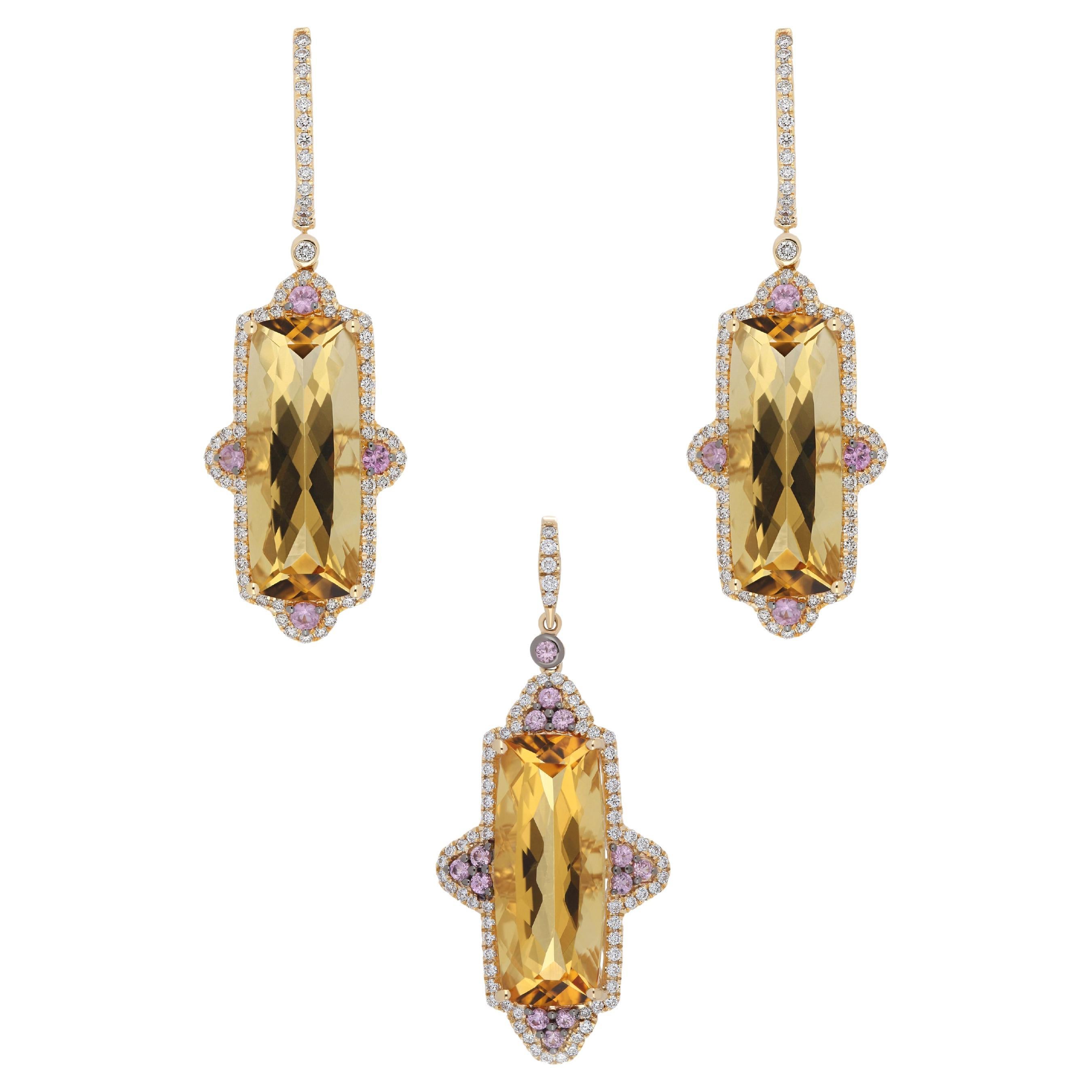 Citrine, Pink Sapphire & Diamond Pendant & Matching Earring Set 14k Yellow Gold