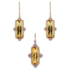 Citrine, saphir rose, pendentif diamant et boucles d'oreilles assorties en or jaune 14k