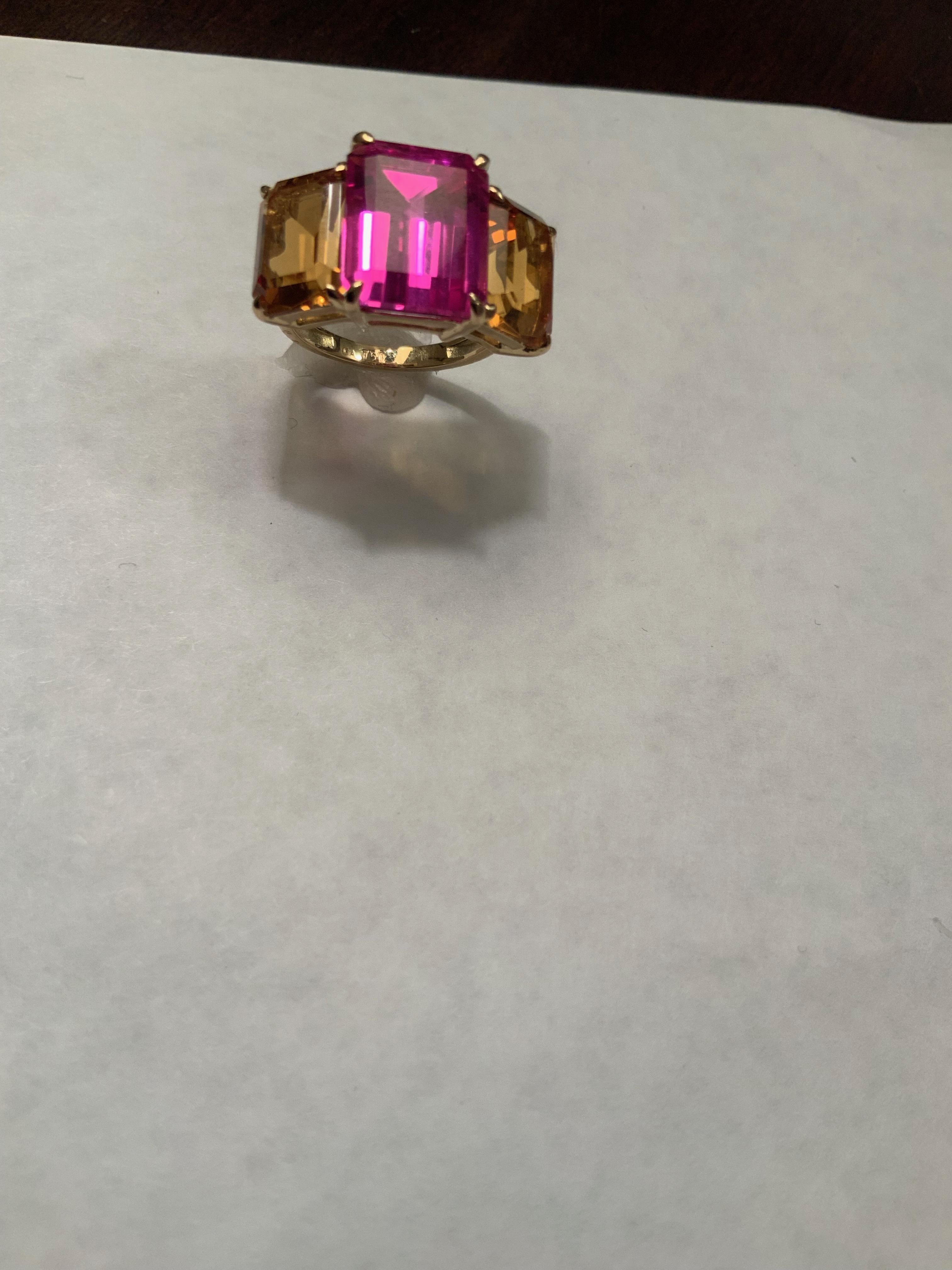 Citrine Pink Topaz Gold Three Stone Emerald Cut Ring For Sale 2