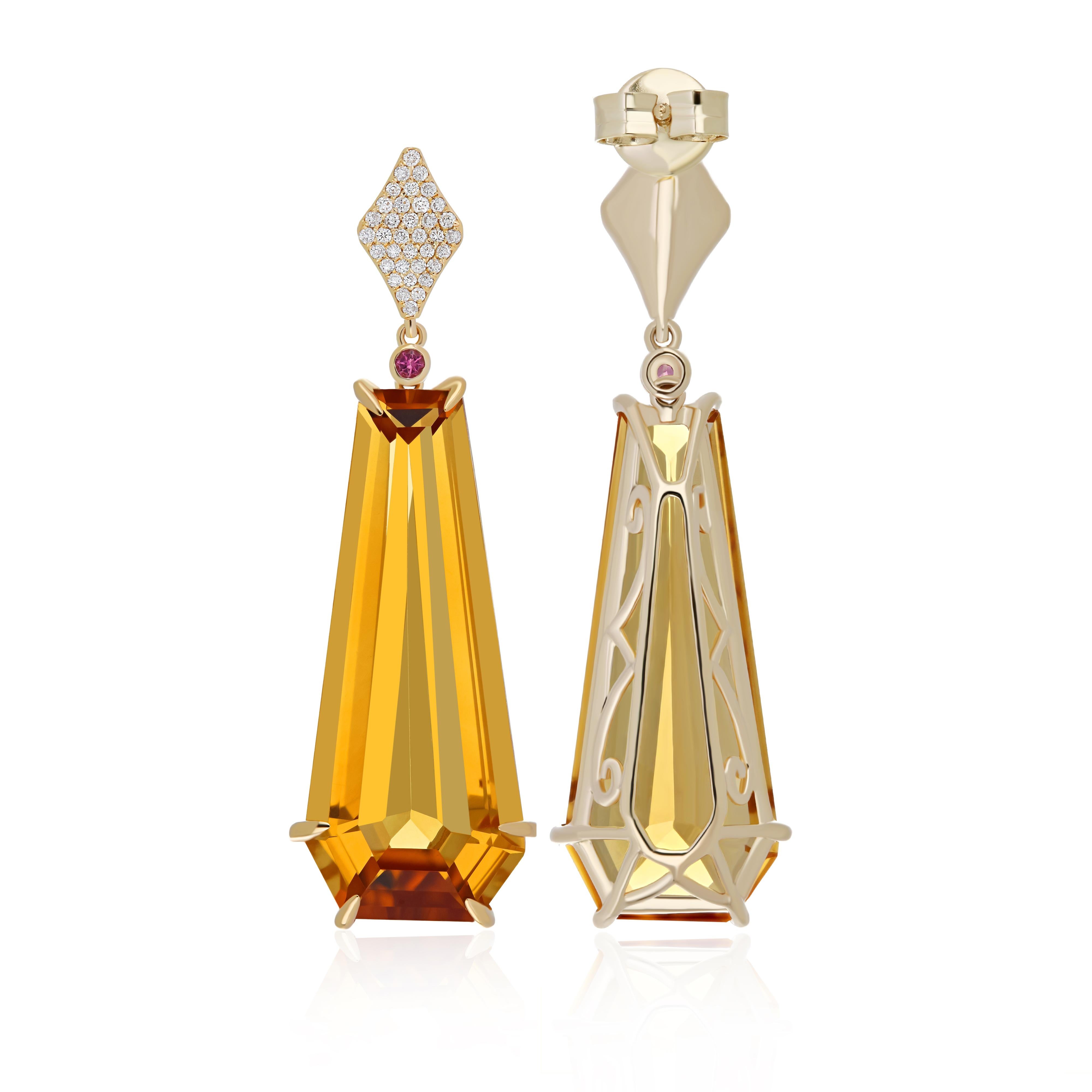 Mixed Cut Citrine, Pink Tourmaline and Diamond Earring 14Karat Yellow Gold Studded Earring For Sale