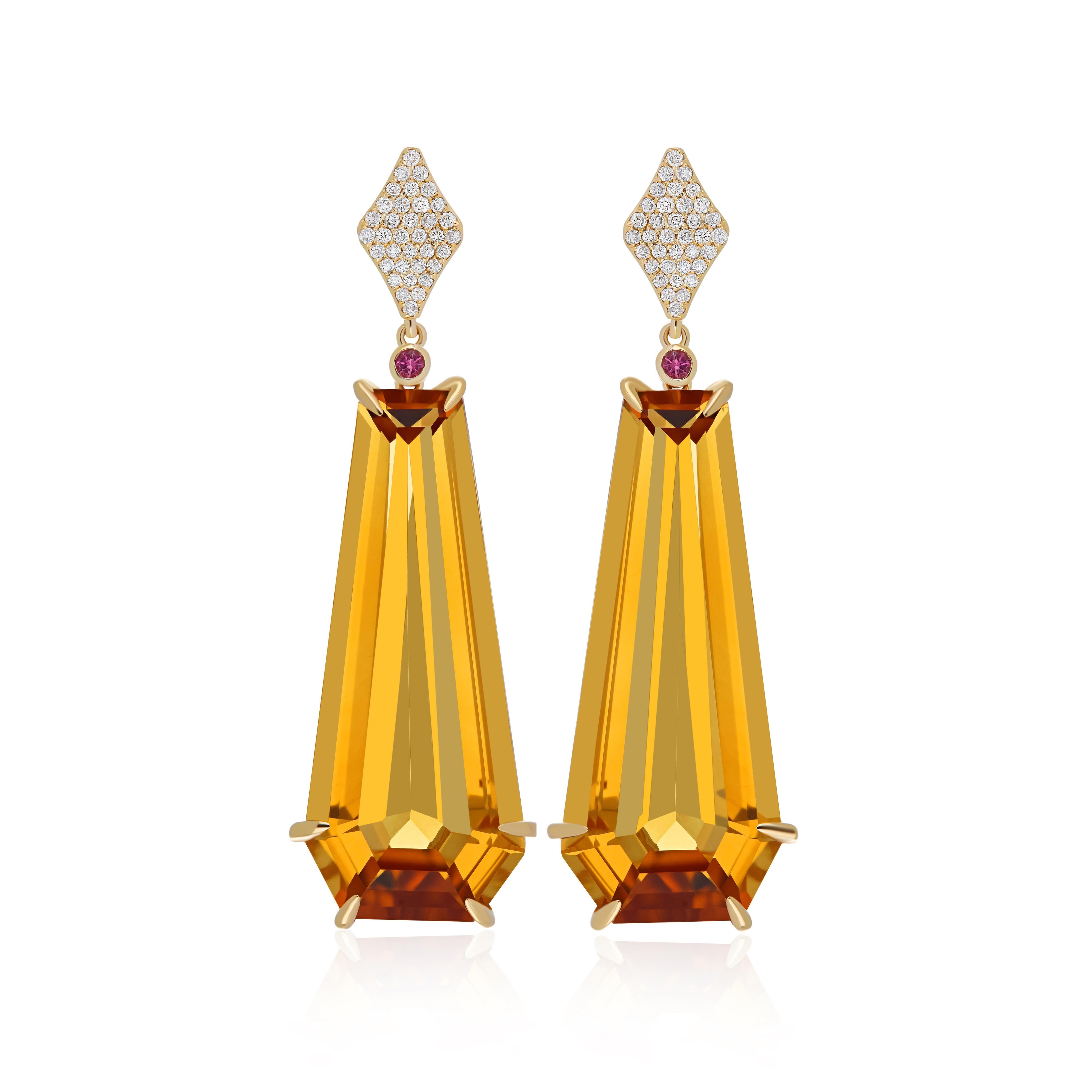 Women's Citrine, Pink Tourmaline and Diamond Earring 14Karat Yellow Gold Studded Earring For Sale