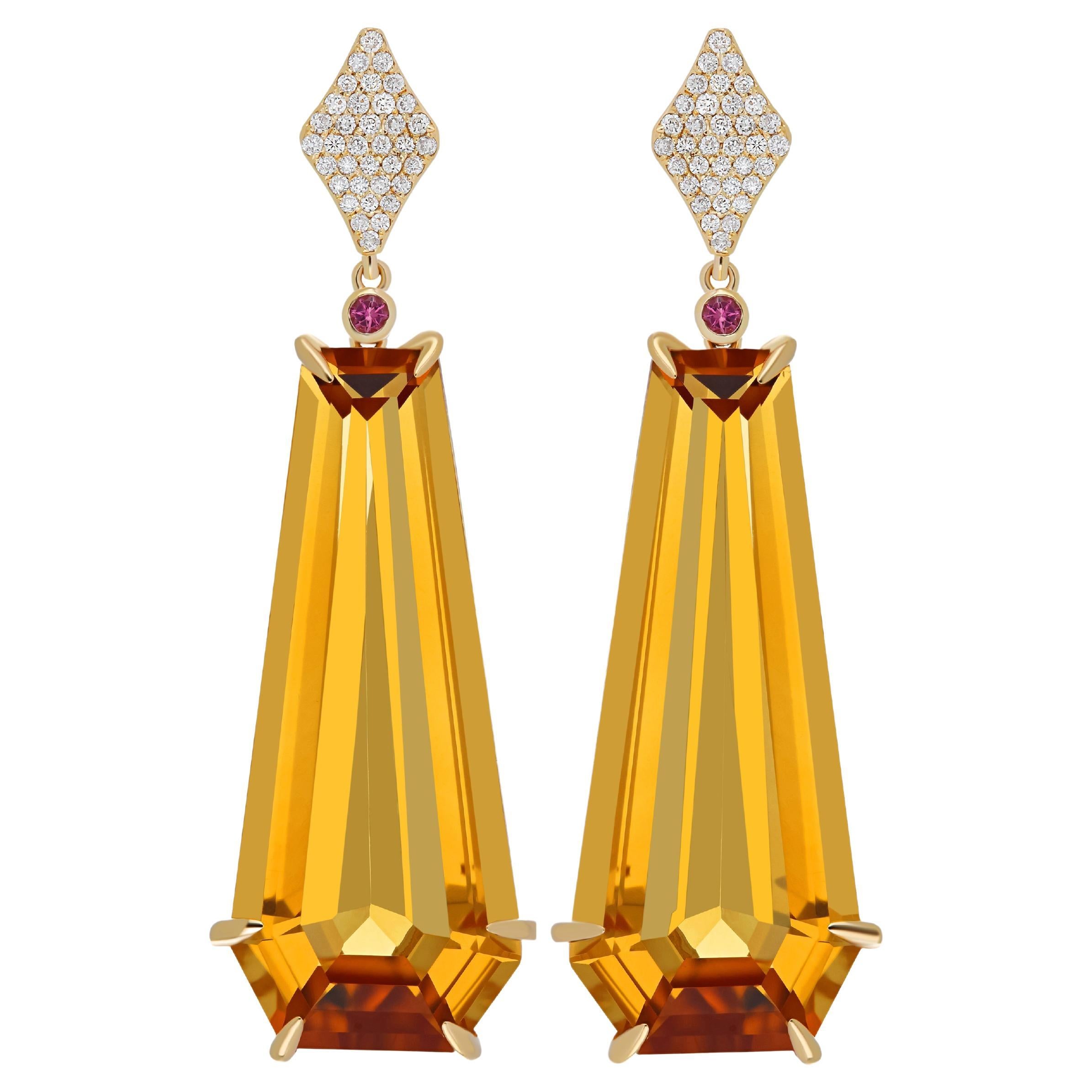 Boucles d'oreilles cloutées en or jaune 14 carats, citrine, tourmaline rose et diamants