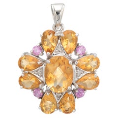 Citrine Pink Tourmaline Diamond Pendant 10 Karat White Gold Estate Fine Jewelry