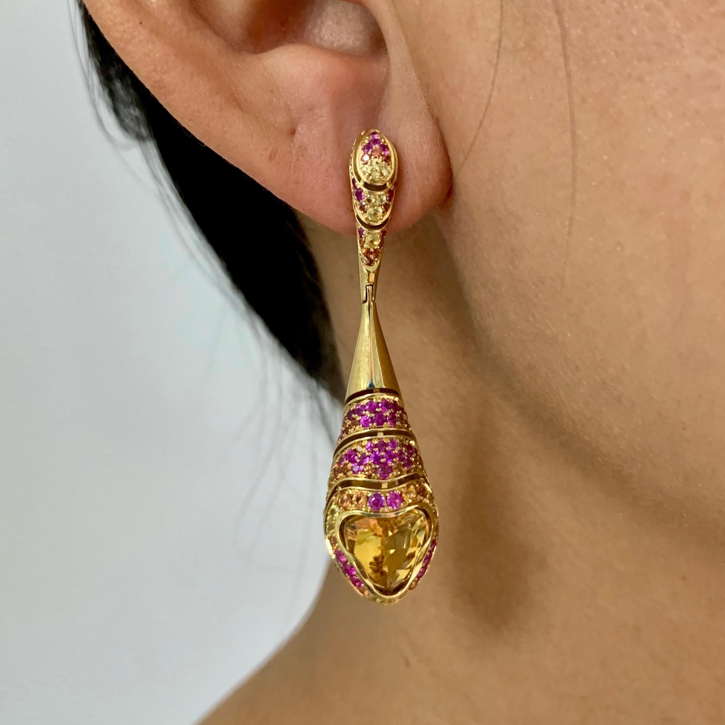 Citrine Pink Yellow Orange Sapphire 18 Karat Yellow Gold Earrings 2