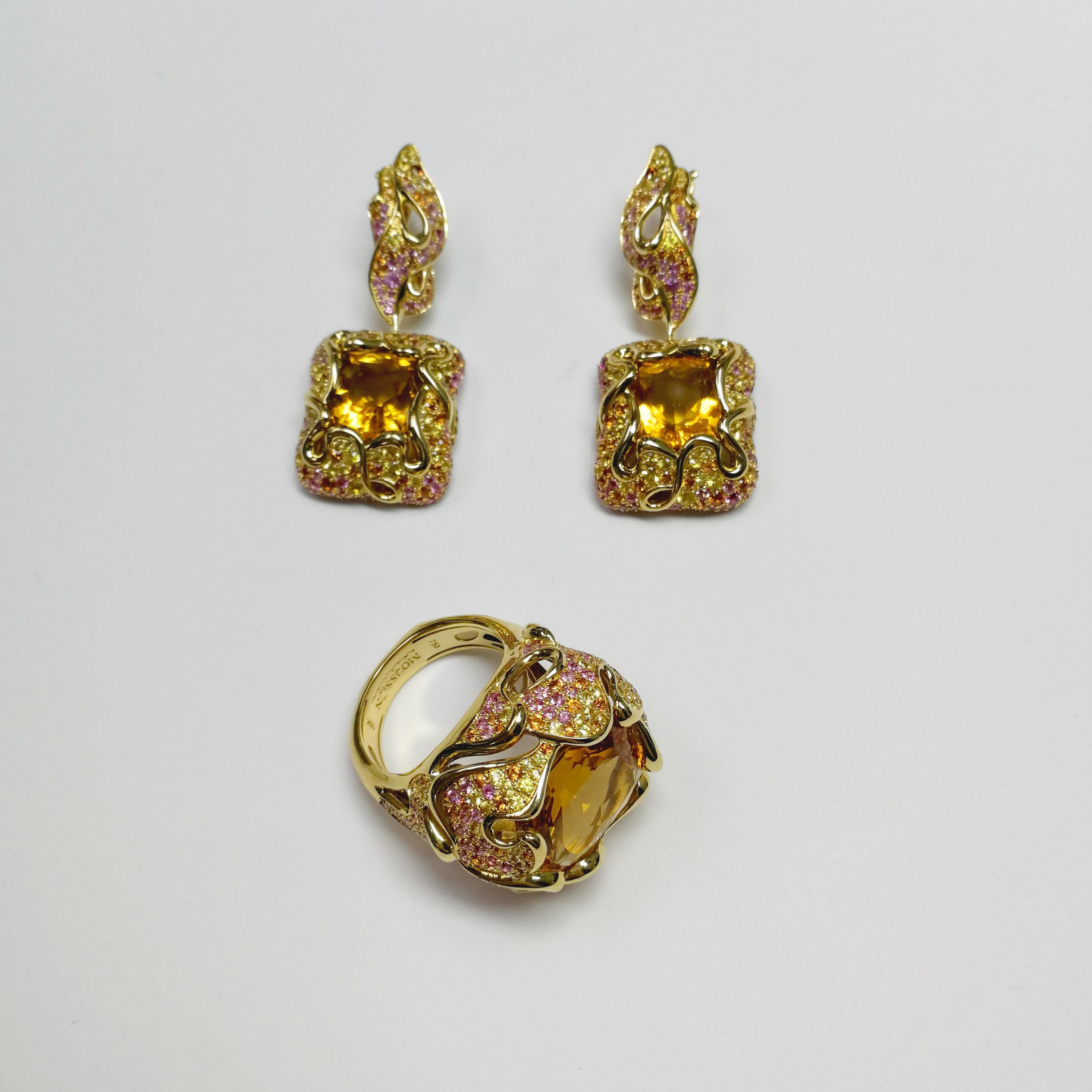 Women's Citrine Pink Yellow Orange Sapphire 18 Karat Yellow Gold Suite For Sale