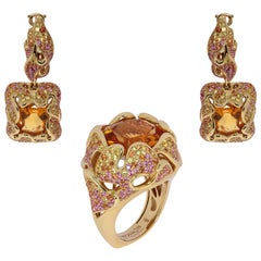 Parure en or jaune 18 carats avec citrine rose, jaune, orange et saphir