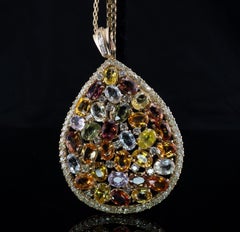 Citrine Quartz Amethyst Peridot Diamond Pendant Necklace 14K Gold Huge