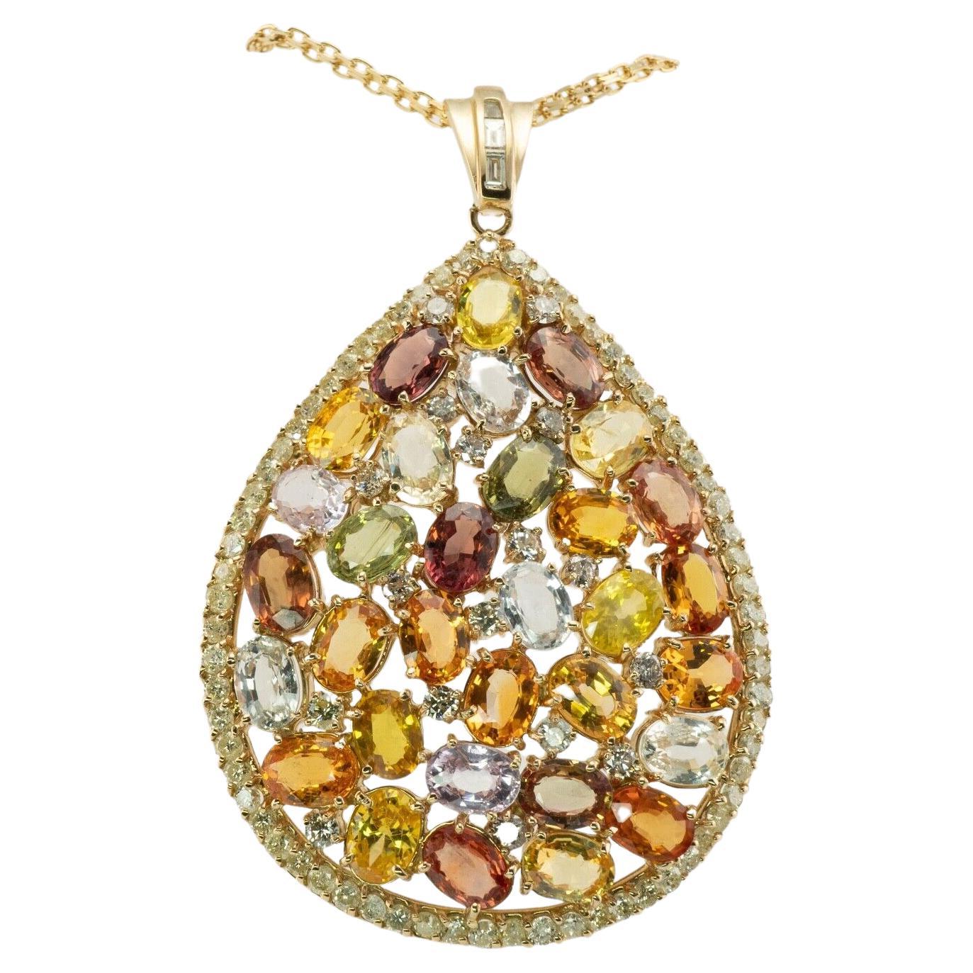 Citrine Quartz Amethyst Peridot Diamond Pendant Necklace 14K Gold Huge