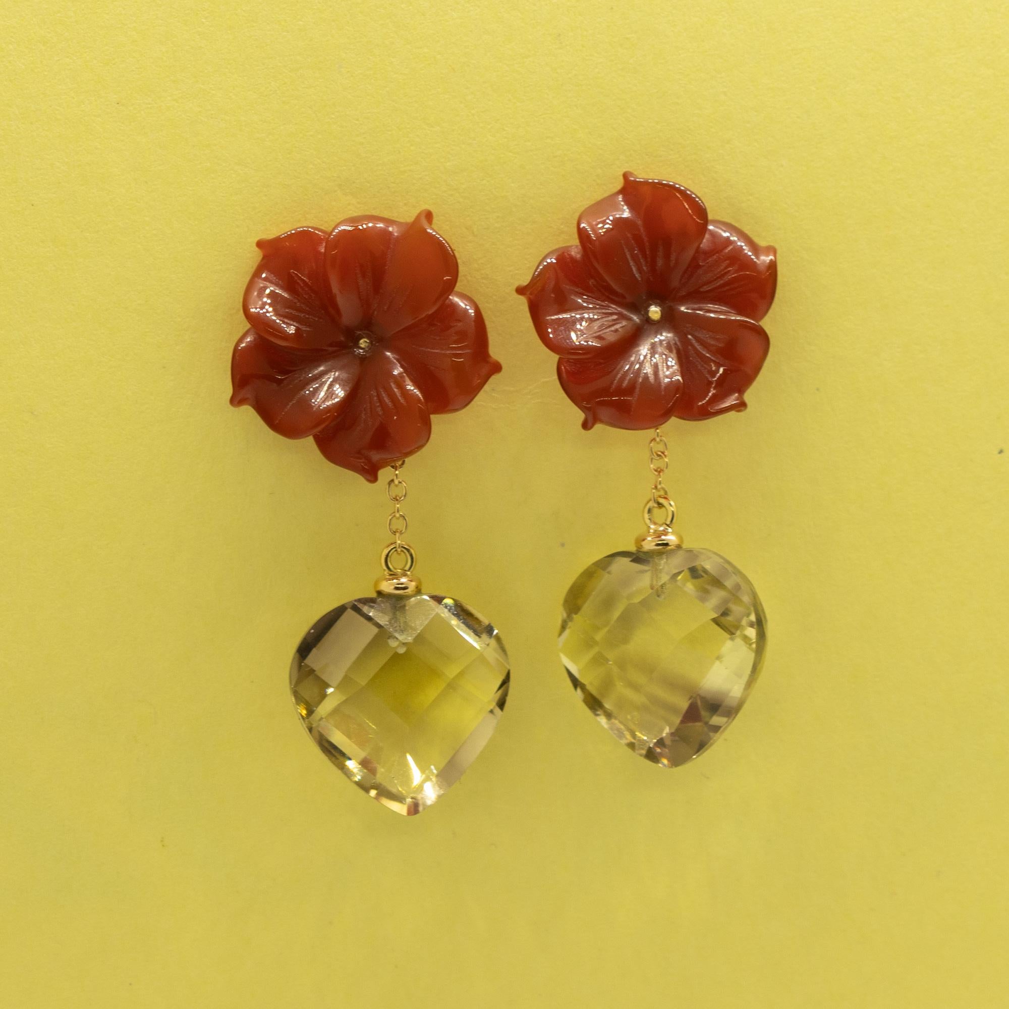 Boucles d'oreilles en goutte en or 18 carats avec citrine, quartz, agate brune et cœurs modernes en forme de fleur en vente 4