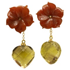 Citrine Quartz Brown Agate 18 Karat Gold Drop Modern Heart Love Floral Earrings