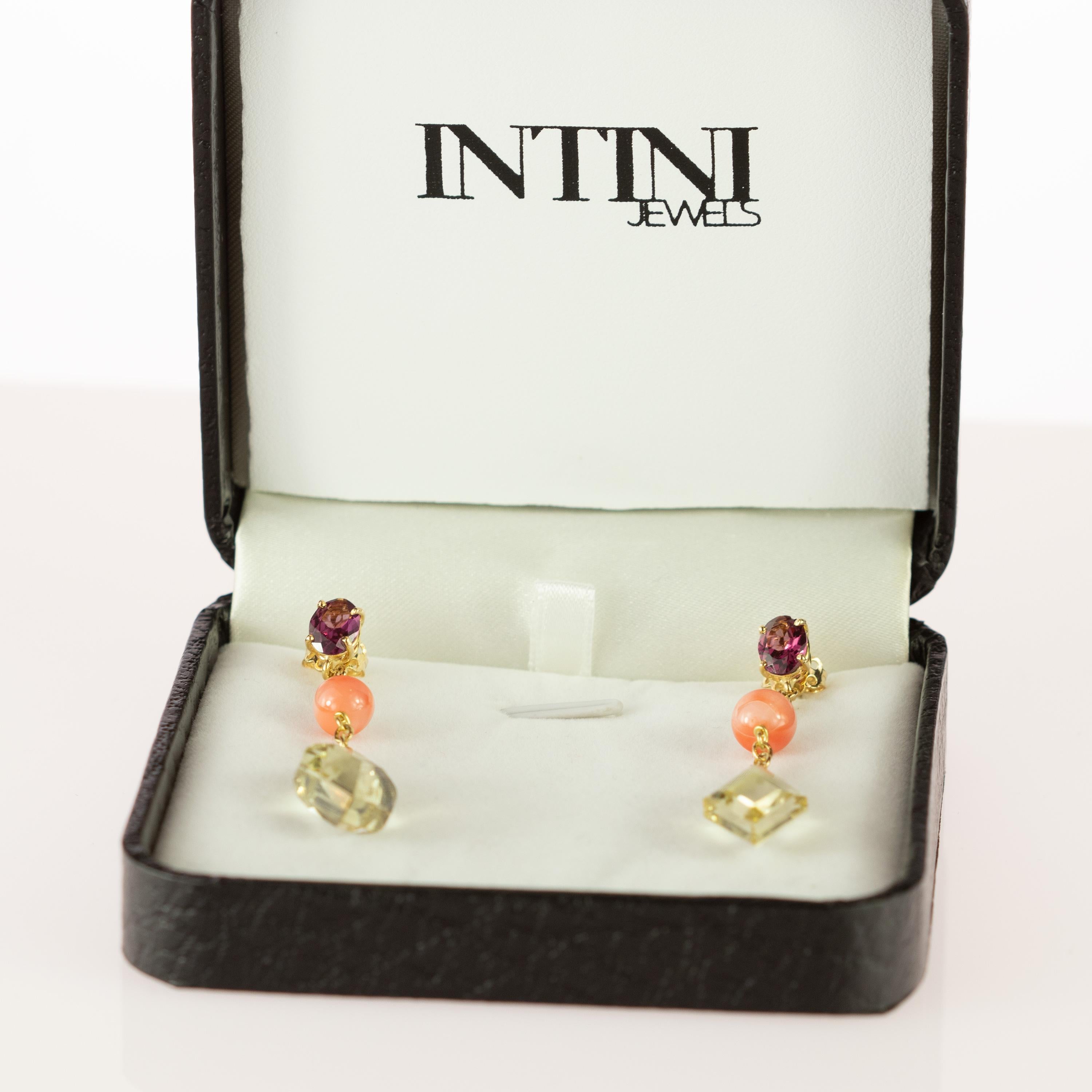 De las mujeres Pendientes Péndulo Geométrico Moderno Cuarzo Citrino Turmalina Coralina Oro 18 Kilates en venta