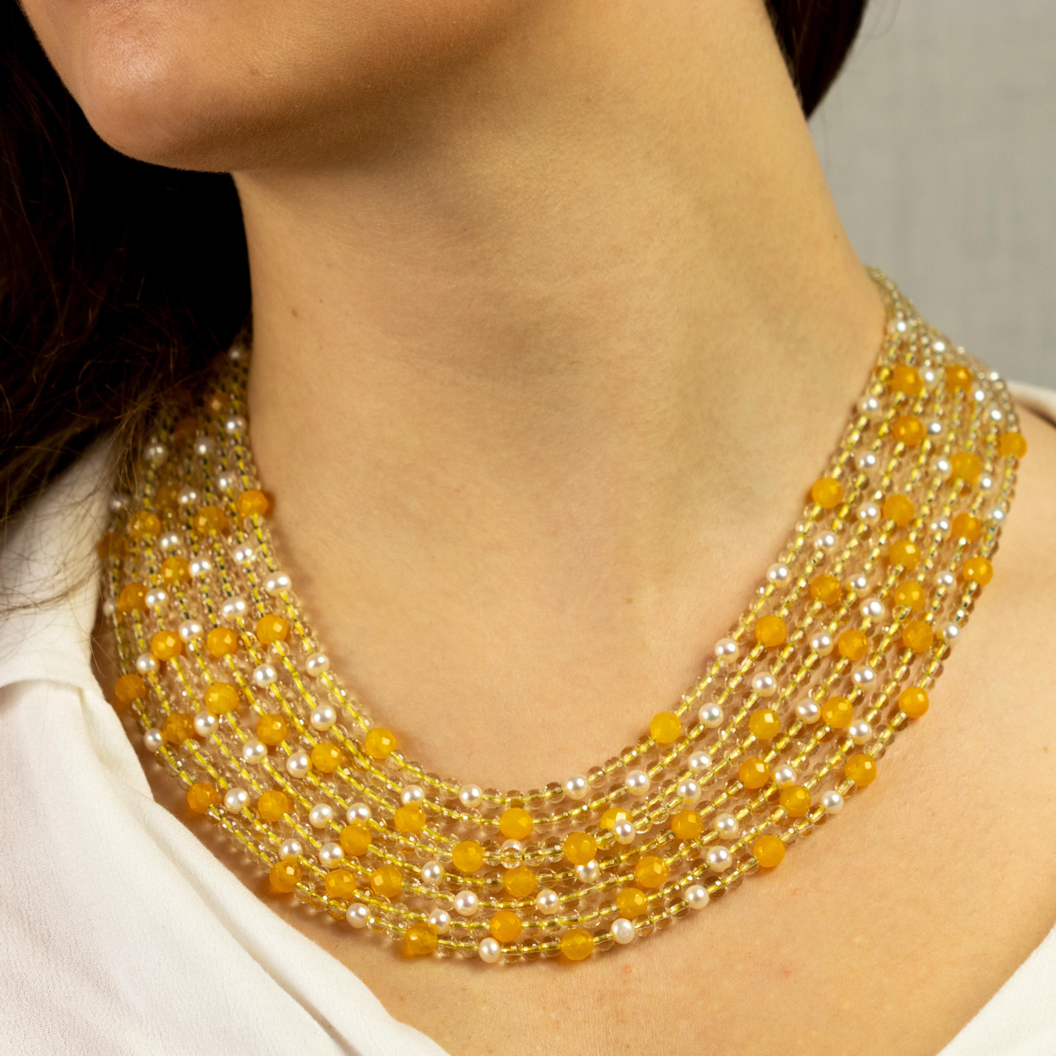 Art Deco Citrine Quartz Freshwater Pearl Yellow Agate Collar Silver Beaded Necklace For Sale