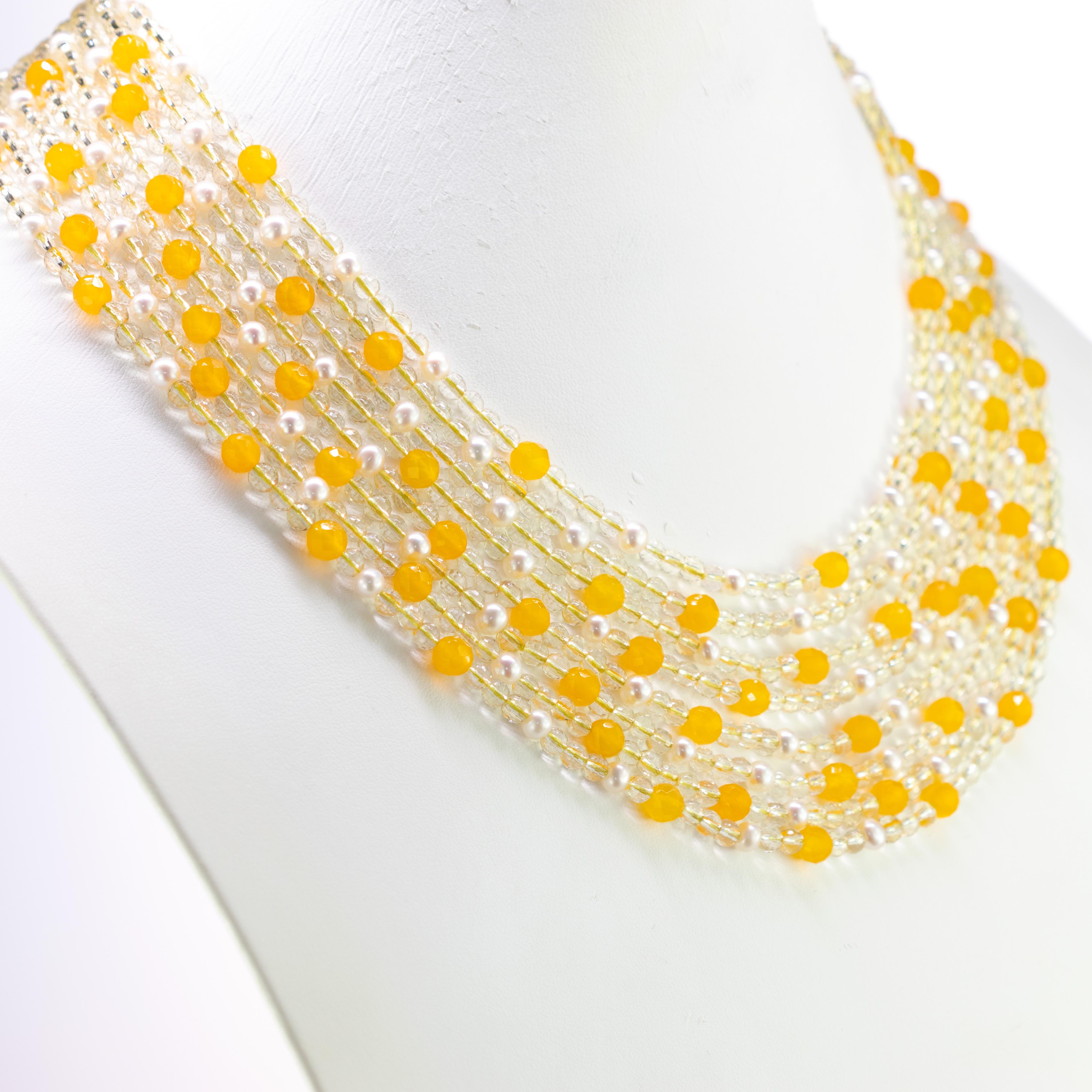 Round Cut Citrine Quartz Freshwater Pearl Yellow Agate Collar Silver Beaded Necklace For Sale