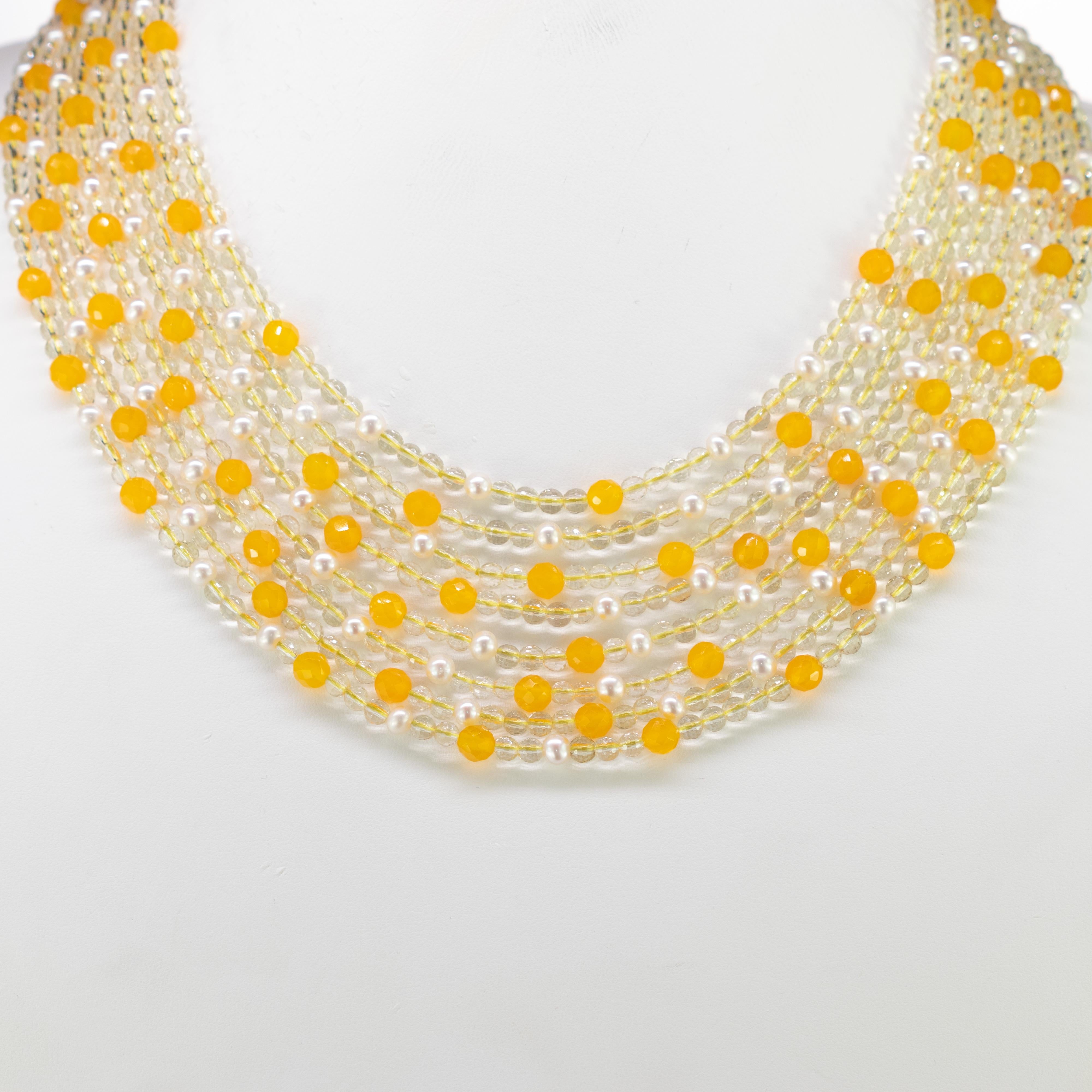 Citrine Quartz Freshwater Pearl Yellow Agate Collar Silver Beaded Necklace In New Condition For Sale In Milano, IT