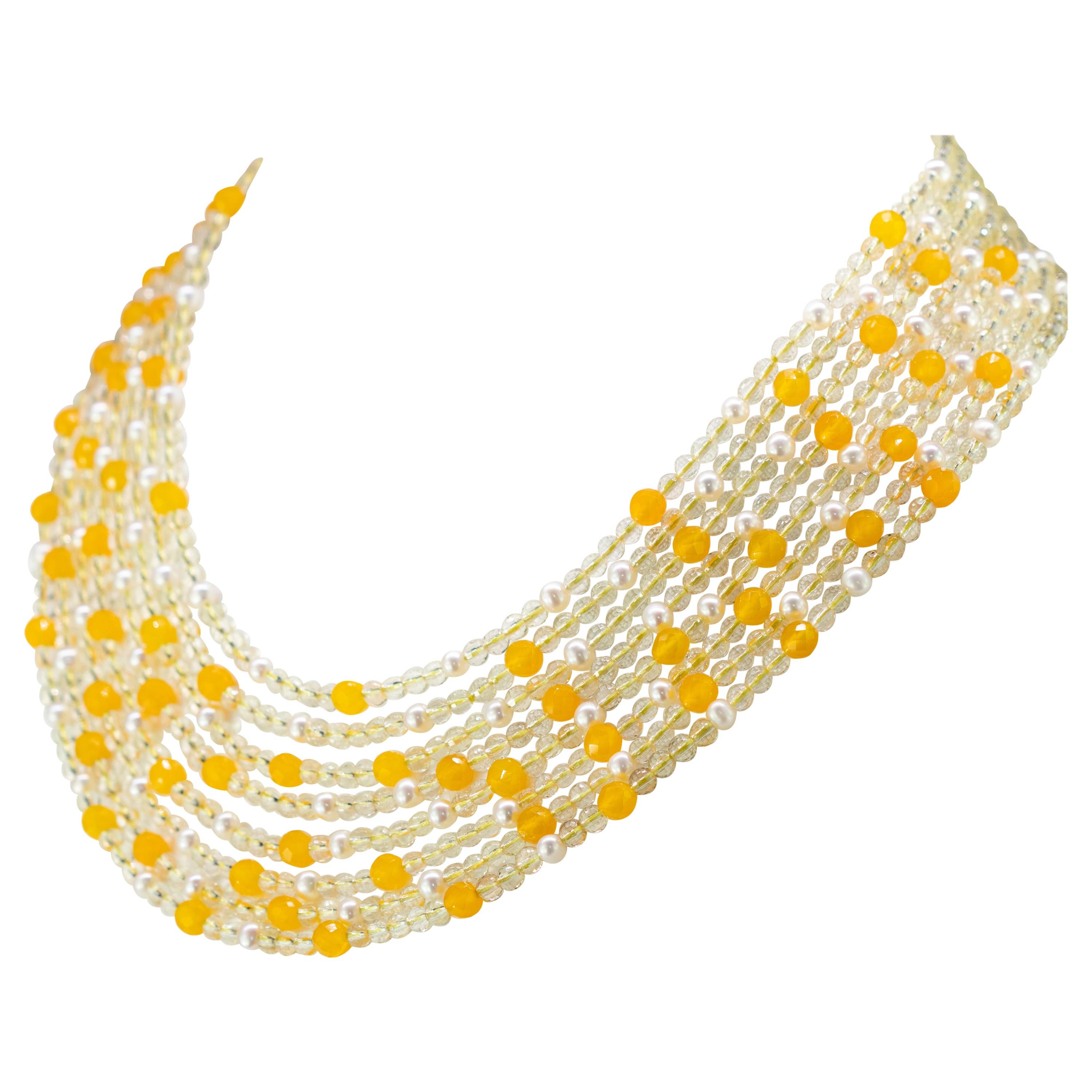 Citrine Quartz Freshwater Pearl Yellow Agate Collar Silver Beaded Necklace For Sale