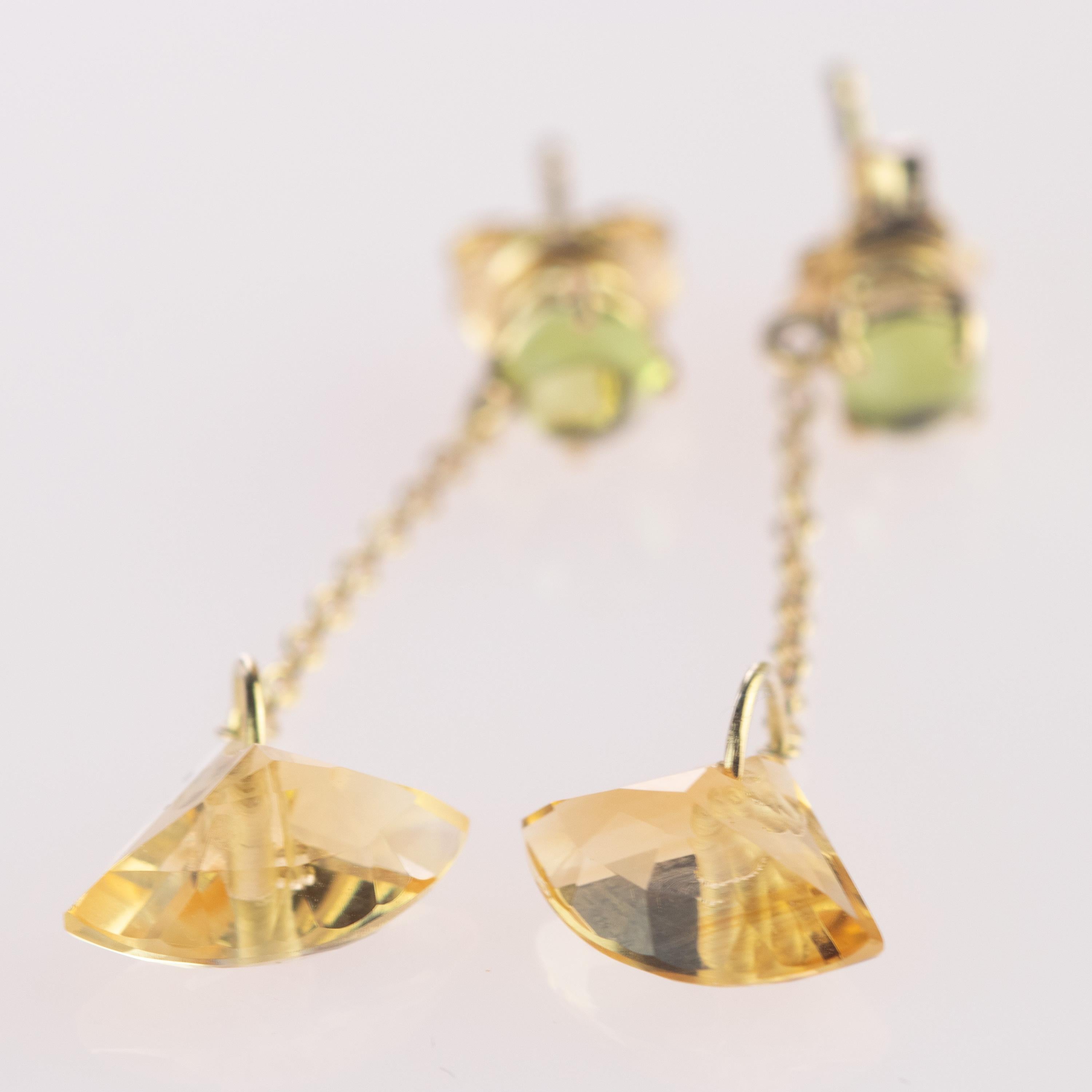 Mixed Cut Citrine Quartz Peridot 18 Karat Gold Geometric Modern Cocktail Dangle Earrings