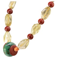 Citrine Quartz Red Jasper Coral Turquoise Silver Geometric Necklace Earrings Set