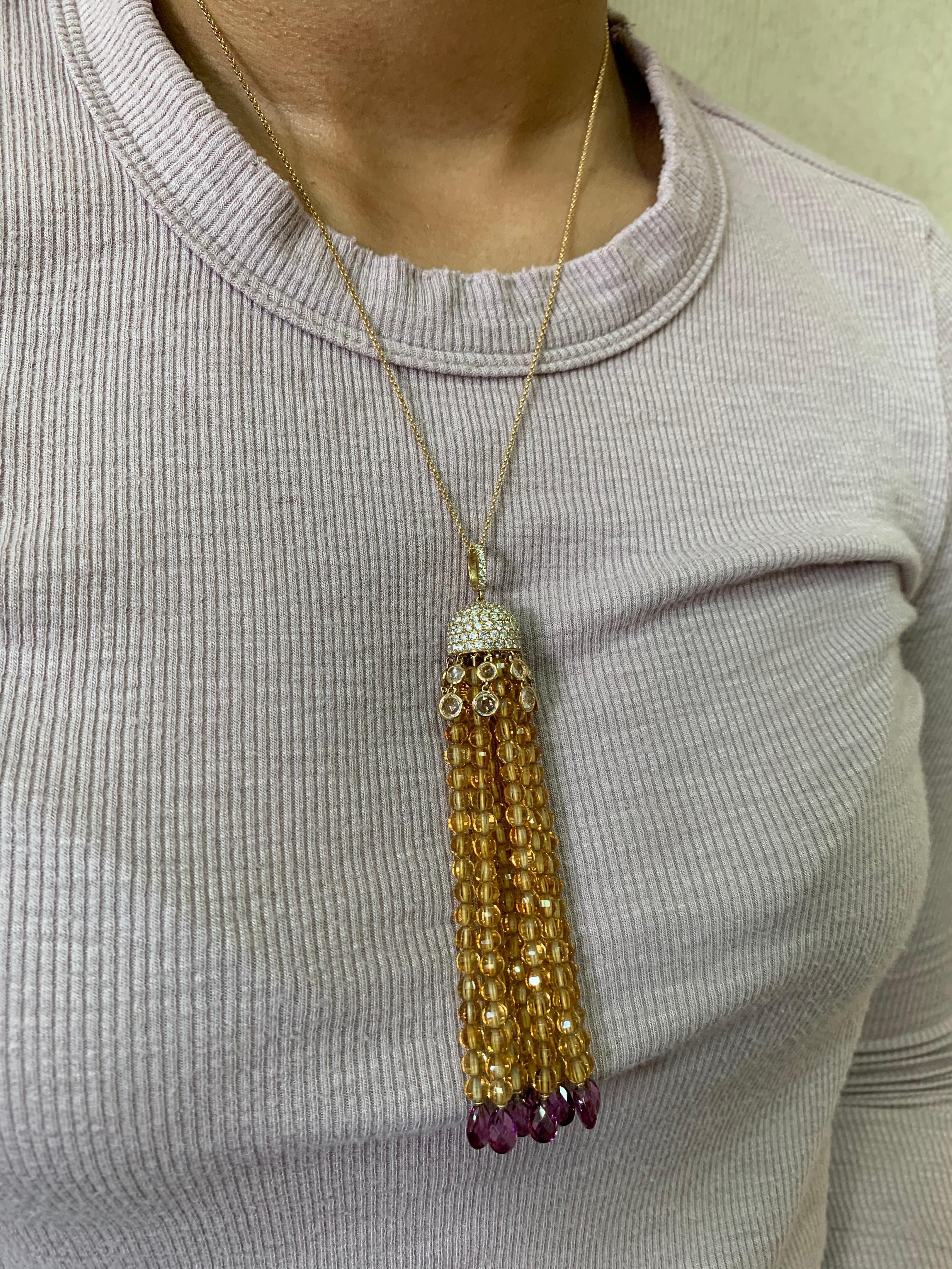 Contemporary Citrine & Rhodolite Beaded Necklace with Diamond in 18 Karat Yellow Gold For Sale