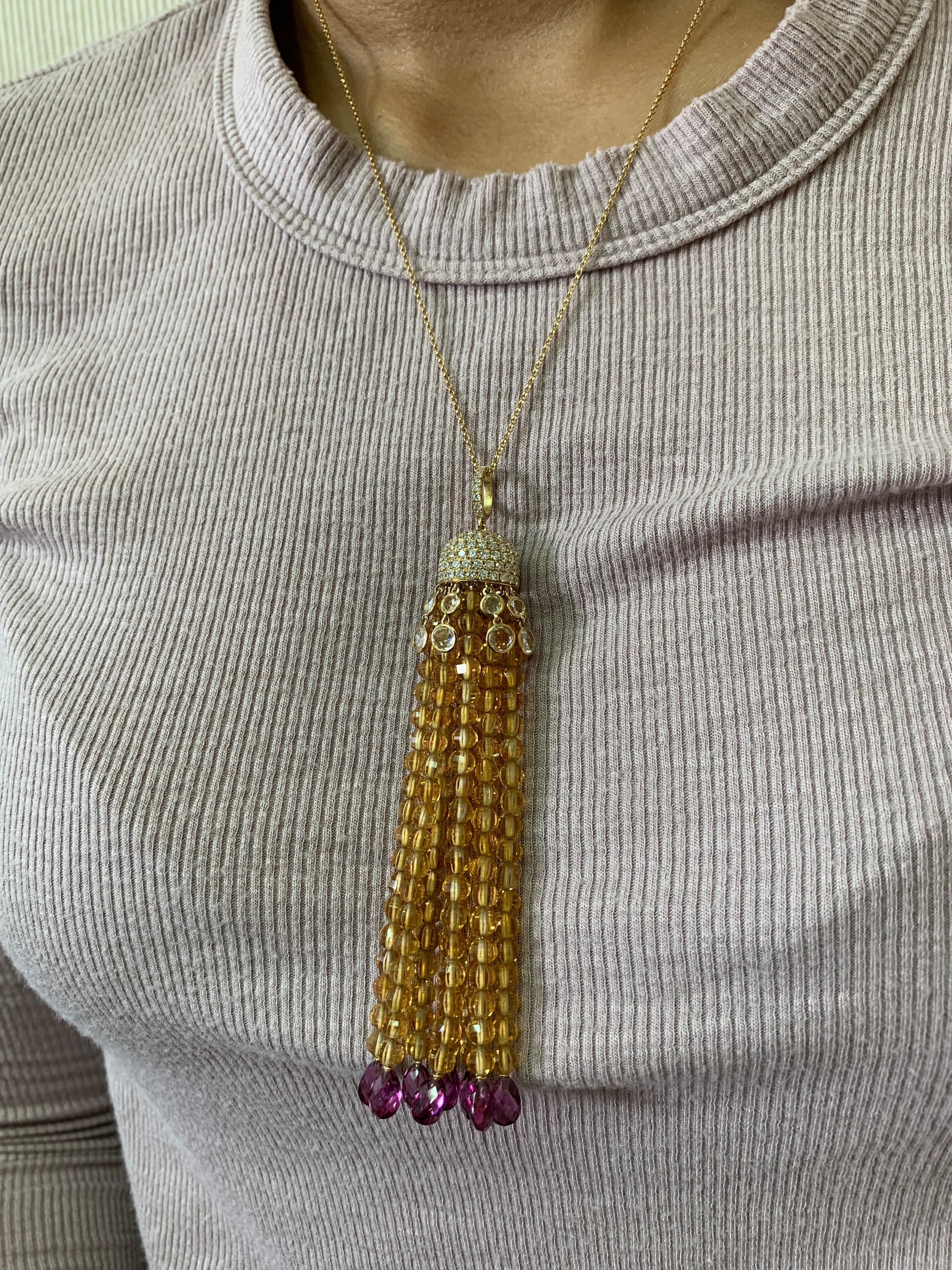 Mixed Cut Citrine & Rhodolite Beaded Necklace with Diamond in 18 Karat Yellow Gold For Sale
