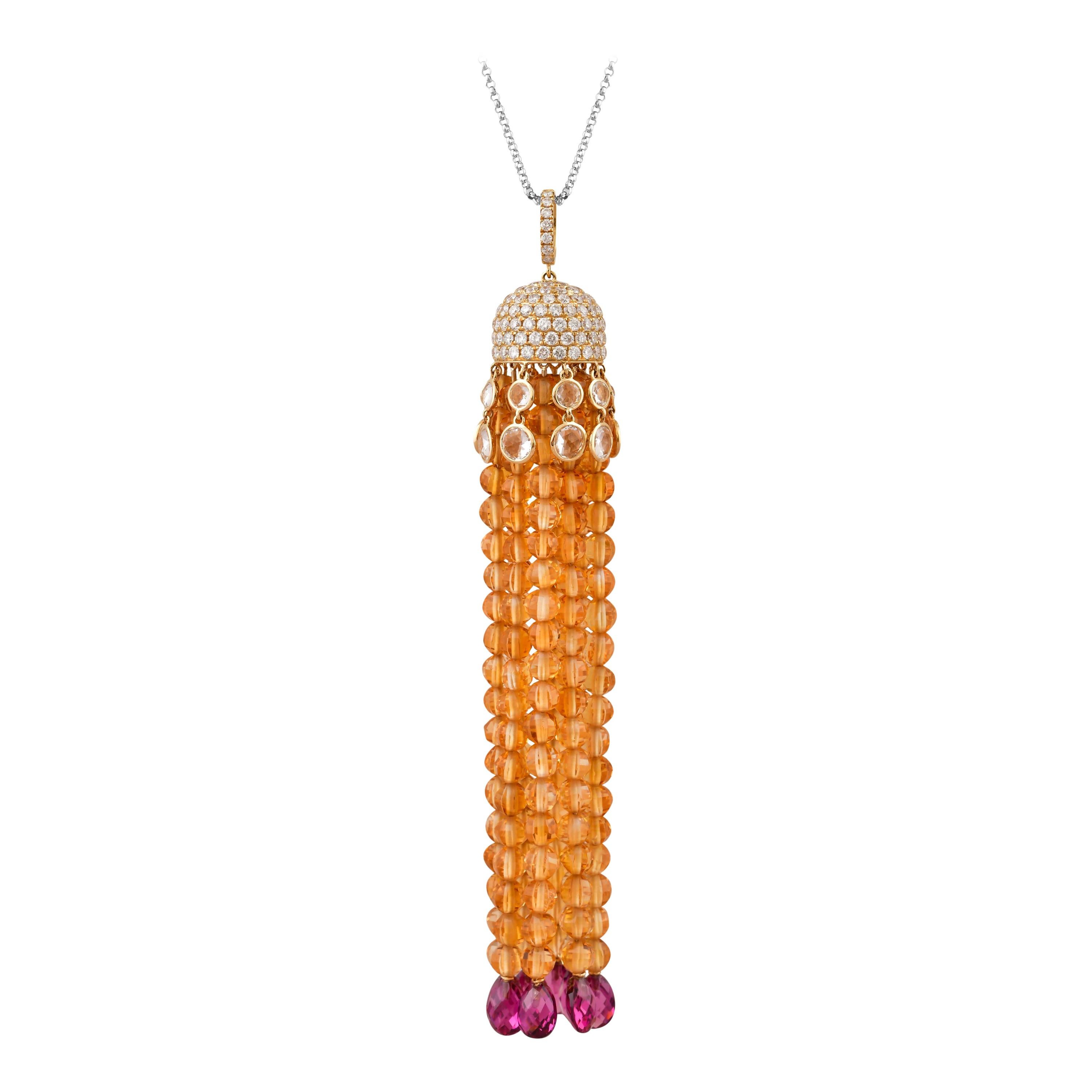 Citrine & Rhodolite Beaded Necklace with Diamond in 18 Karat Yellow Gold