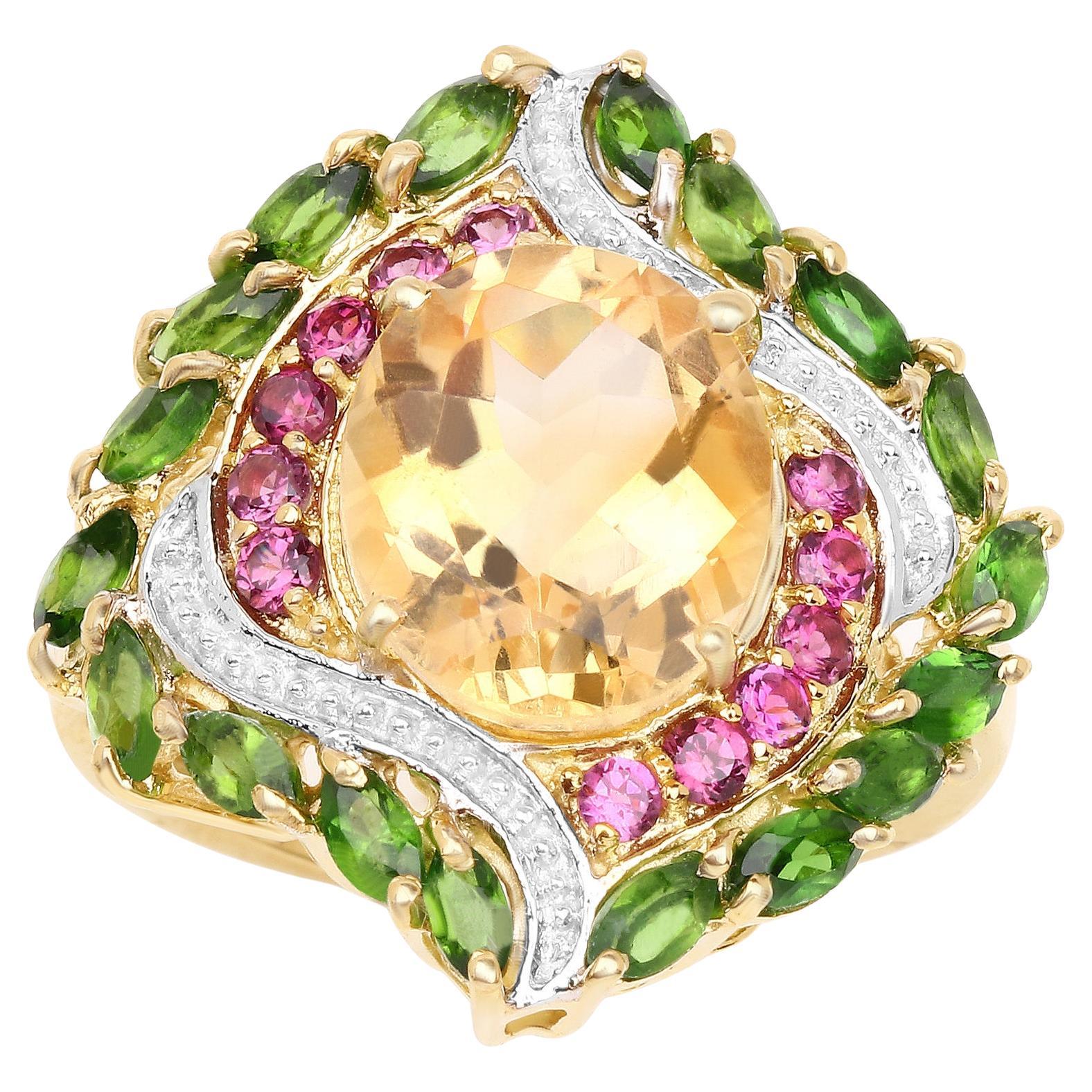 Natural Multicolor Gemstones Cocktail Ring 6.12 Carats 14K Gold Plated Silver For Sale