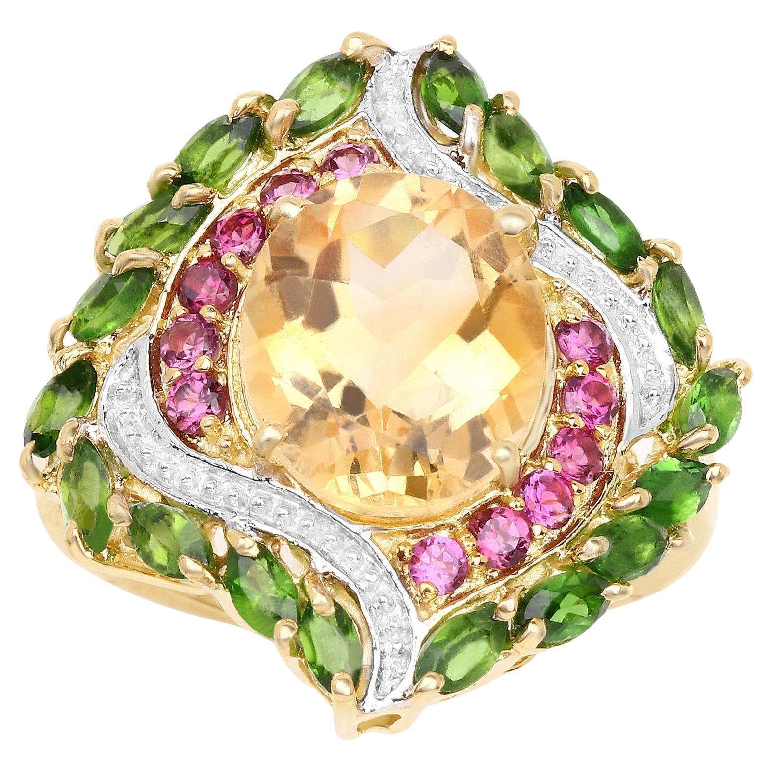 Natural Multicolor Gemstones Cocktail Ring 6.12 Carats 14K Gold Plated Silver