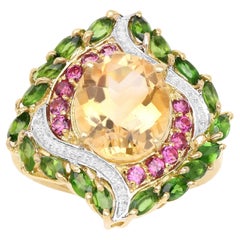 Natural Multicolor Gemstones Cocktail Ring 6.12 Carats 14K Gold Plated Silver
