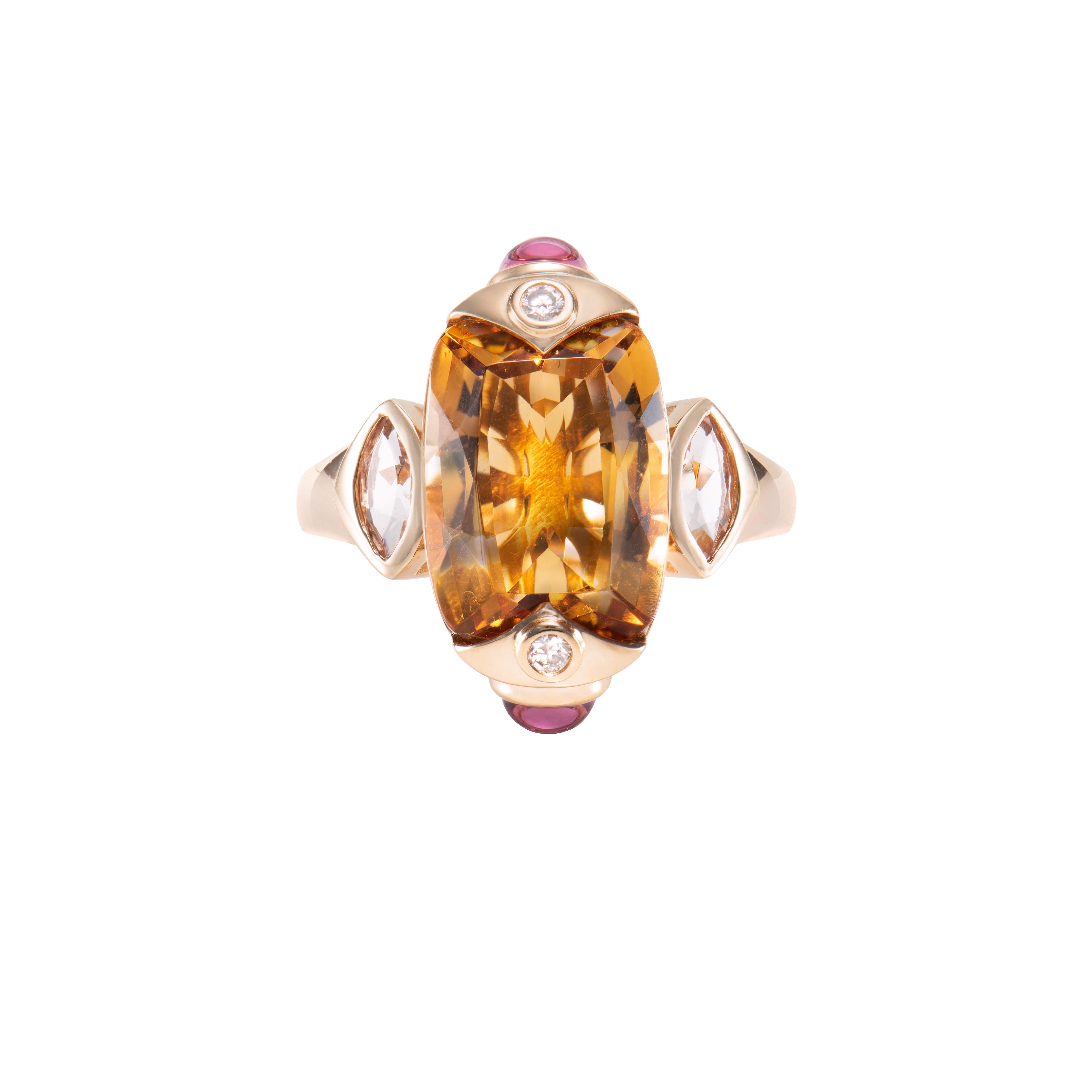 Contemporain Bague en or jaune 18 carats avec citrine, rhodolite, morganite et diamants en vente