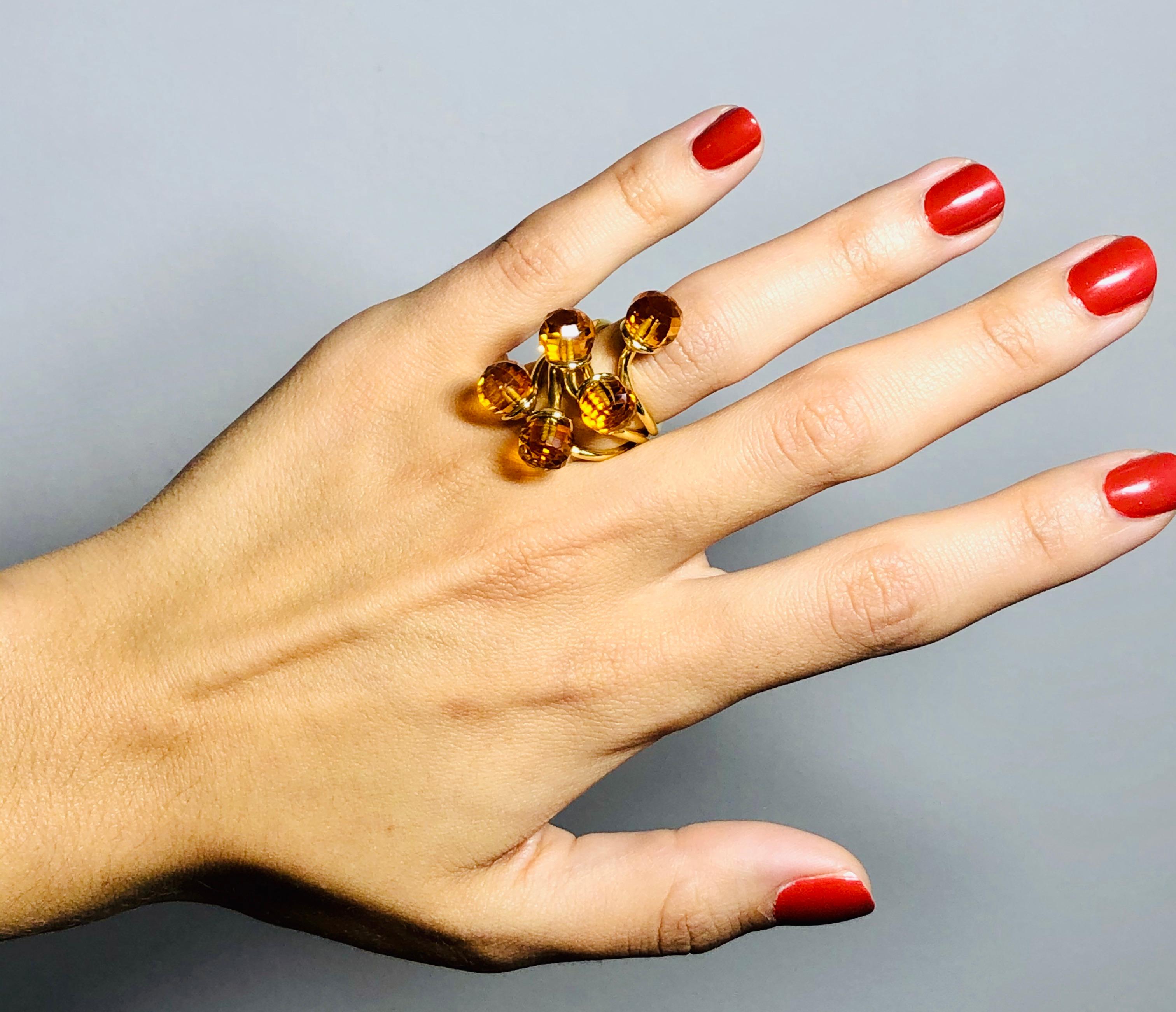 Contemporary Citrine Ring, 18 Carat Yellow Interlinked Gold Stacking Bands with Five Stones For Sale