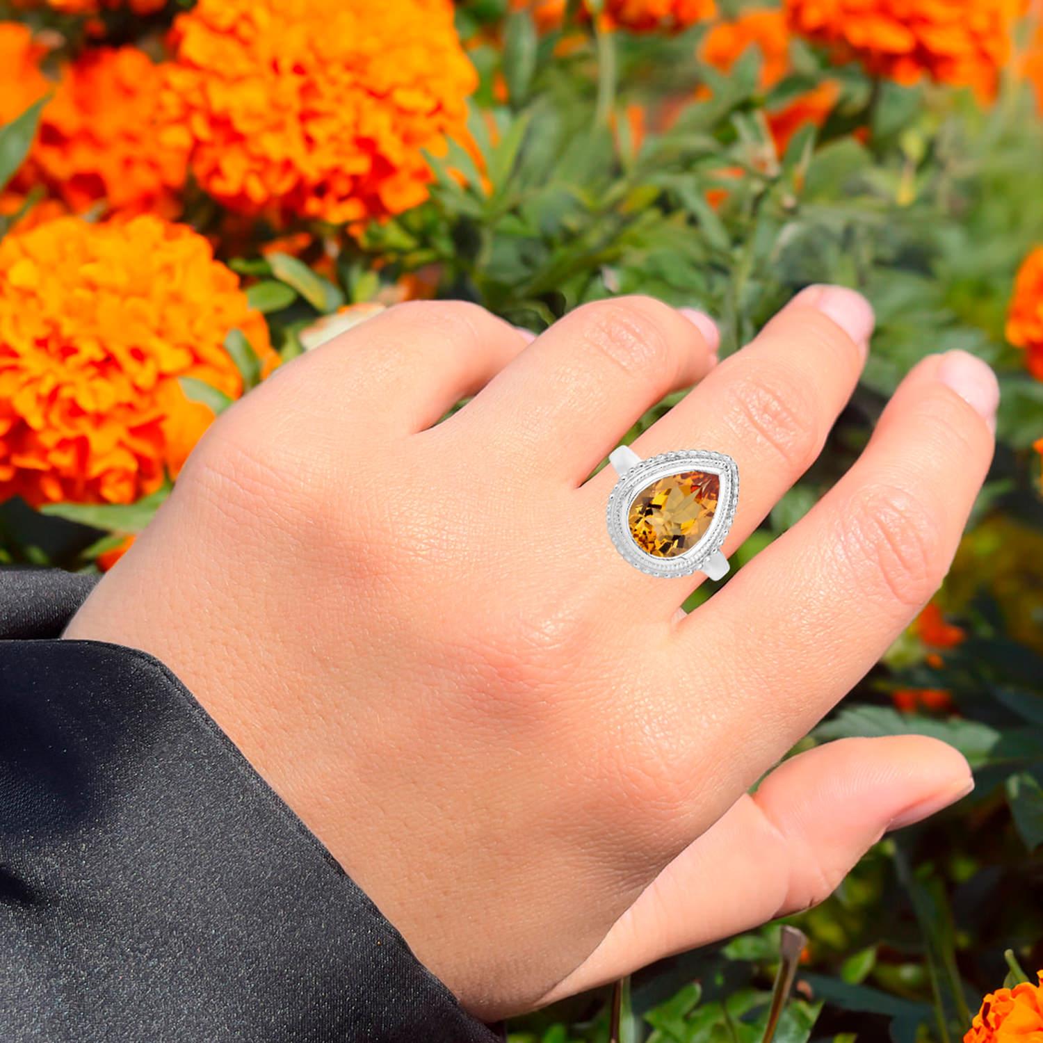 Contemporain Bague Citrine Taille Poire 4.38 Carats Argent Sterling en vente