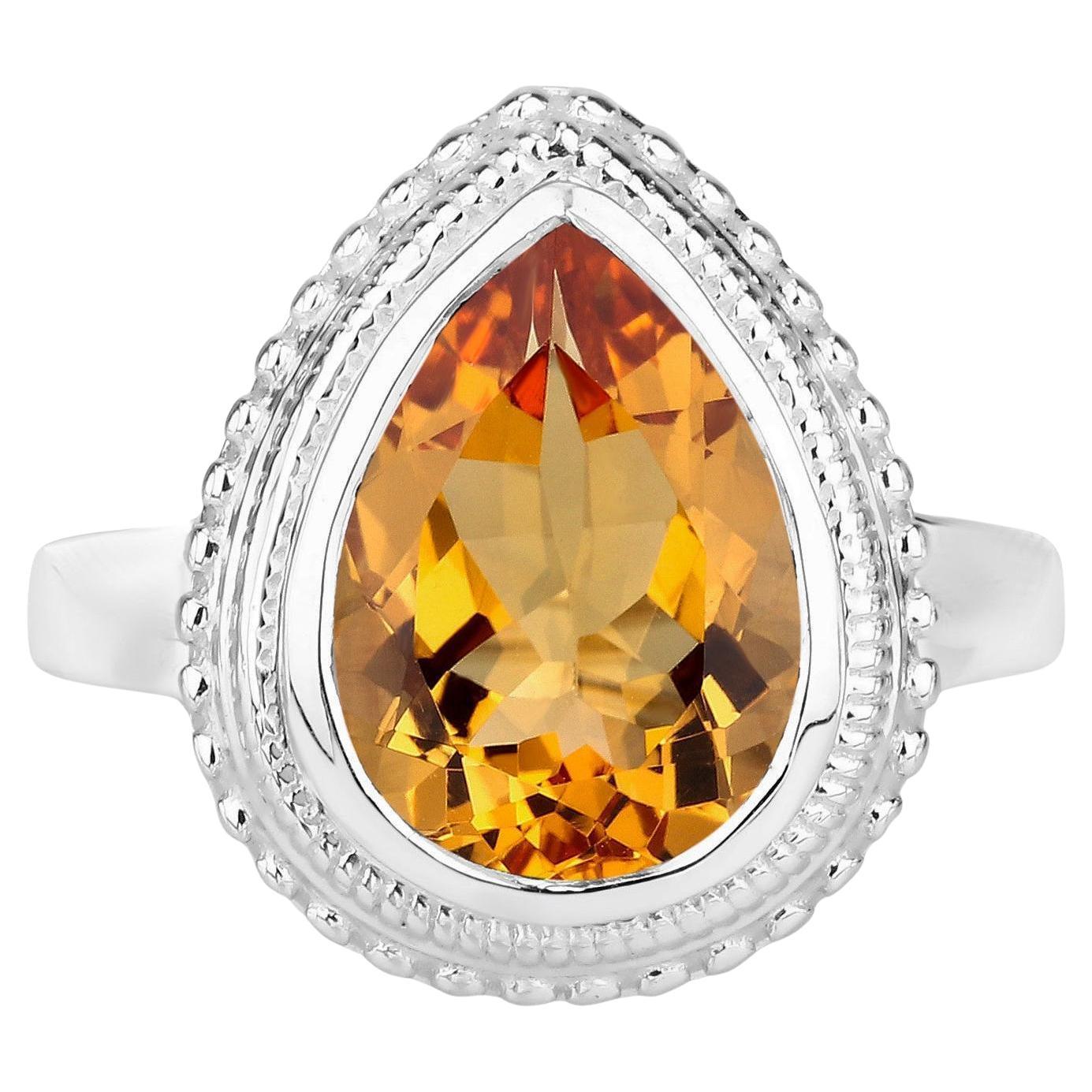 Bague Citrine Taille Poire 4.38 Carats Argent Sterling