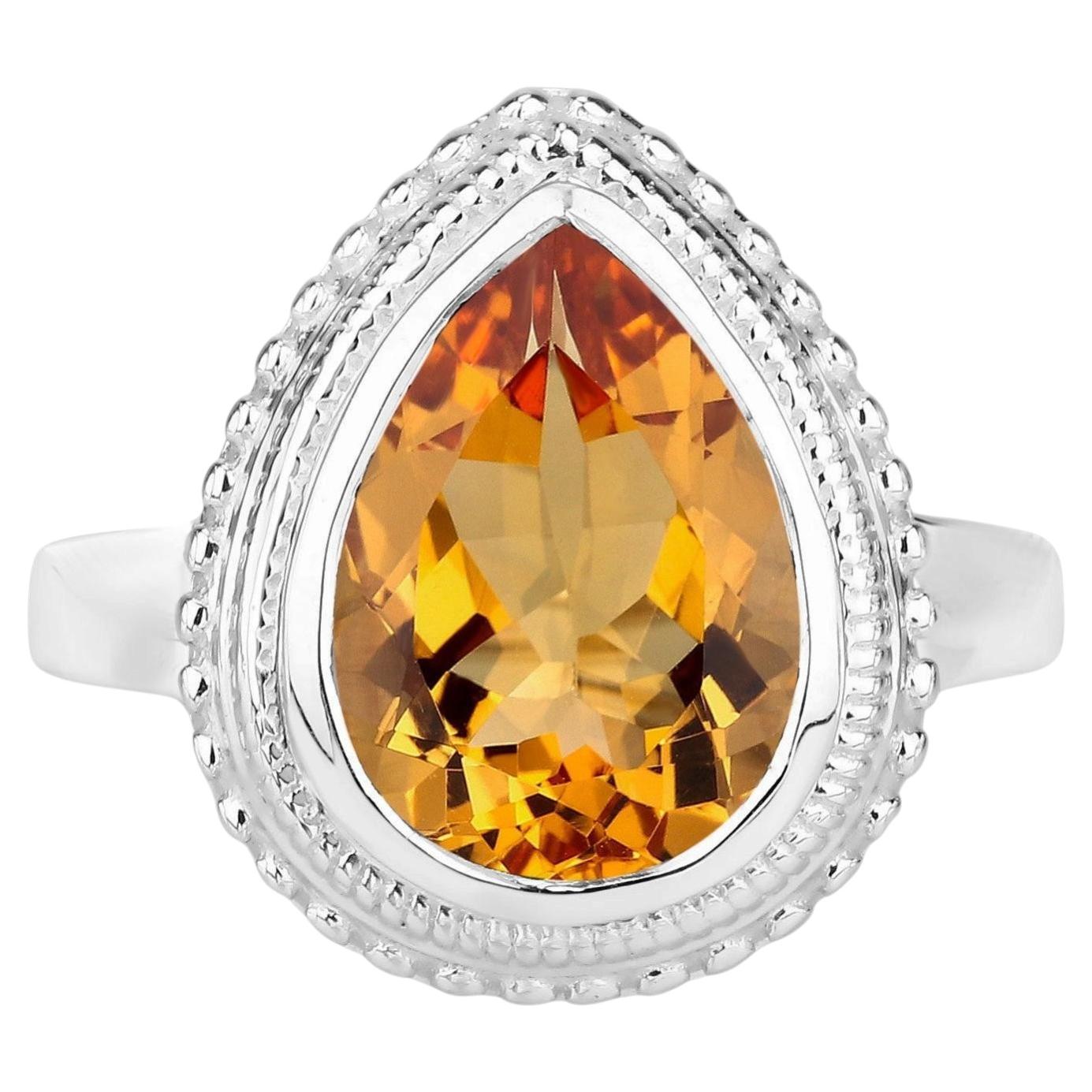 Bague Citrine Taille Poire 4.38 Carats Argent Sterling