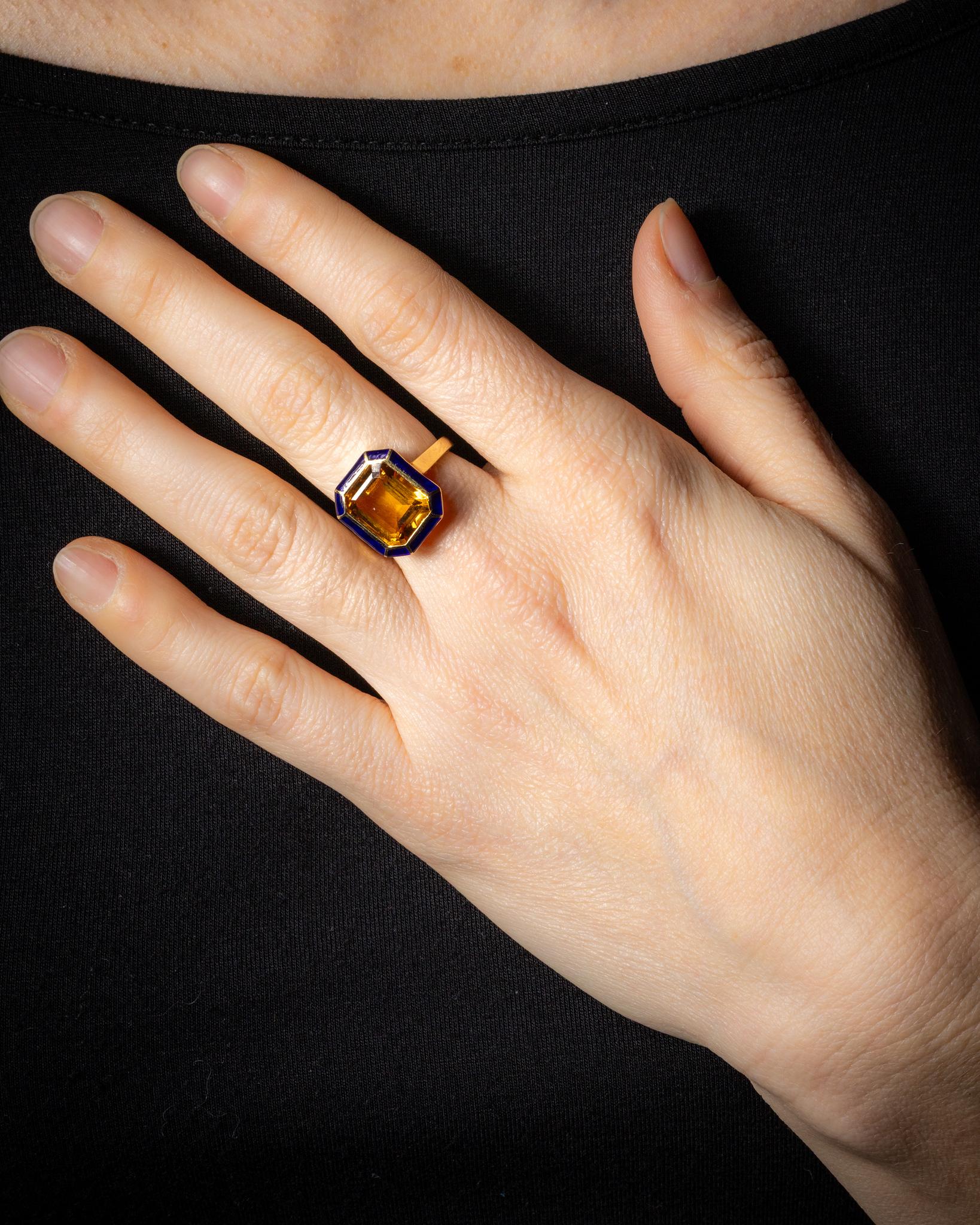da uomo o donna Anello con citrino e smalto blu in oro 18 carati in vendita