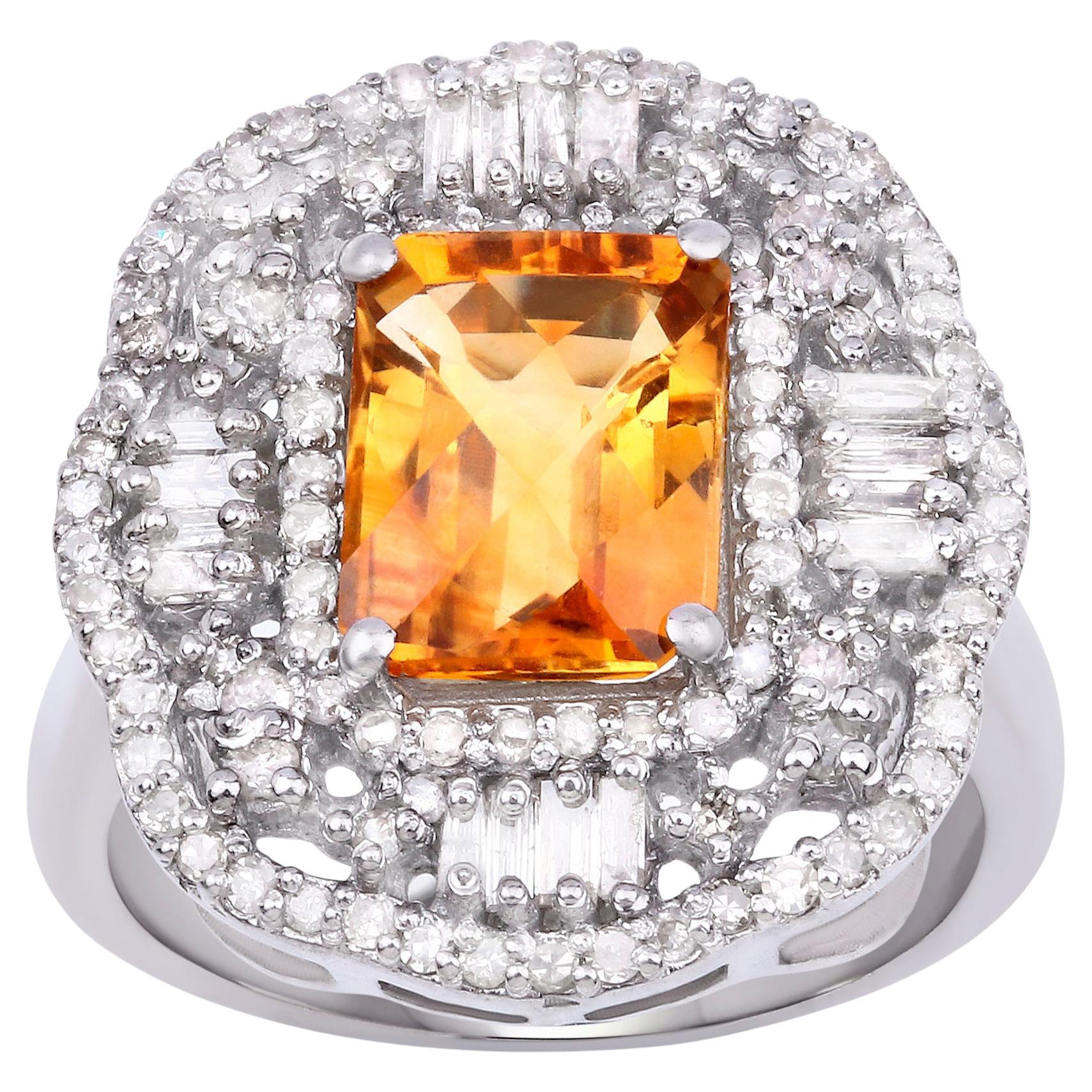 Citrine Ring With Diamonds 3.47 Carats Rhodium Plated Sterling Silver